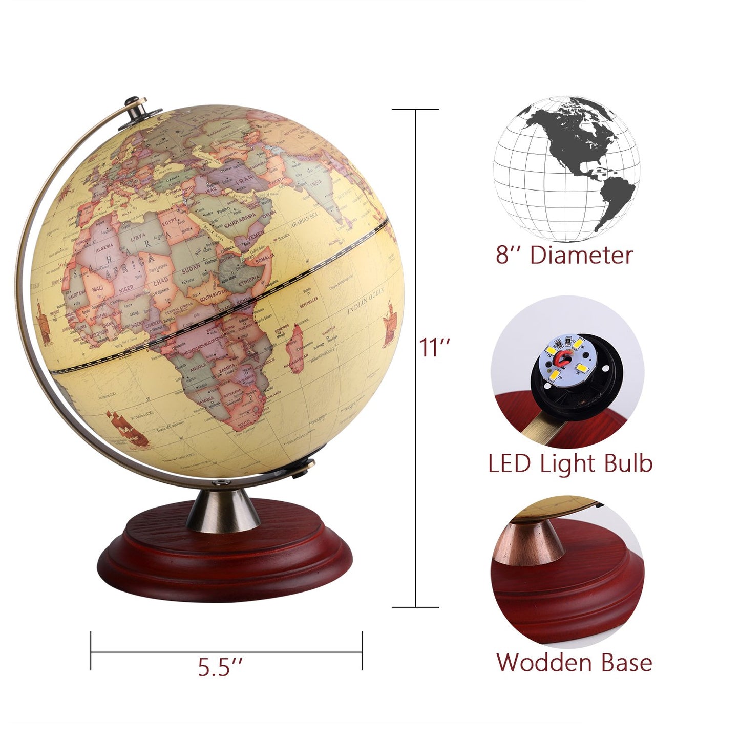 TTKTK Illuminated World Globe for Adults & Kids with Wooden Stand,Built in LED Lamp for Illuminated Night View Antique Globe for Home Décor and Office Desktop 8inch