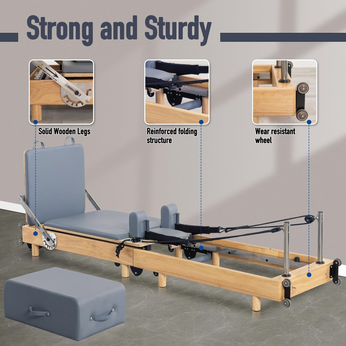 EgnFg Pilates Reformer Machine, Premium Foldable Pilates Reformer, Durable and Quiet, Pilates Equipment for Home Workouts with Reformer Accessories and Reformer Pilates Box (Light Grayish-Blue)