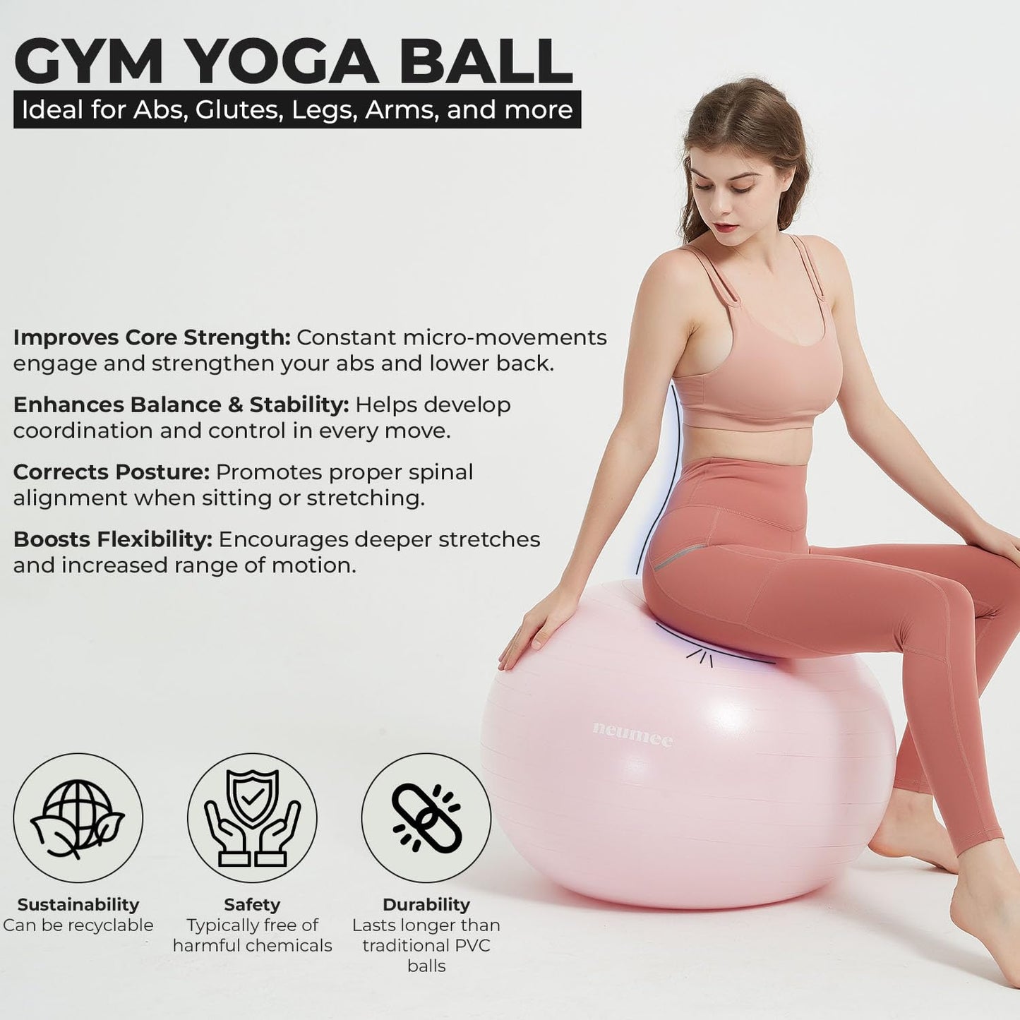 NEUMEE Exercise Ball Chair with Resistance Bands, Yoga Ball Office Chair with Stability Base for Home Gym, Workout Ball for Fitness, Large Size 65 cm (Pink)
