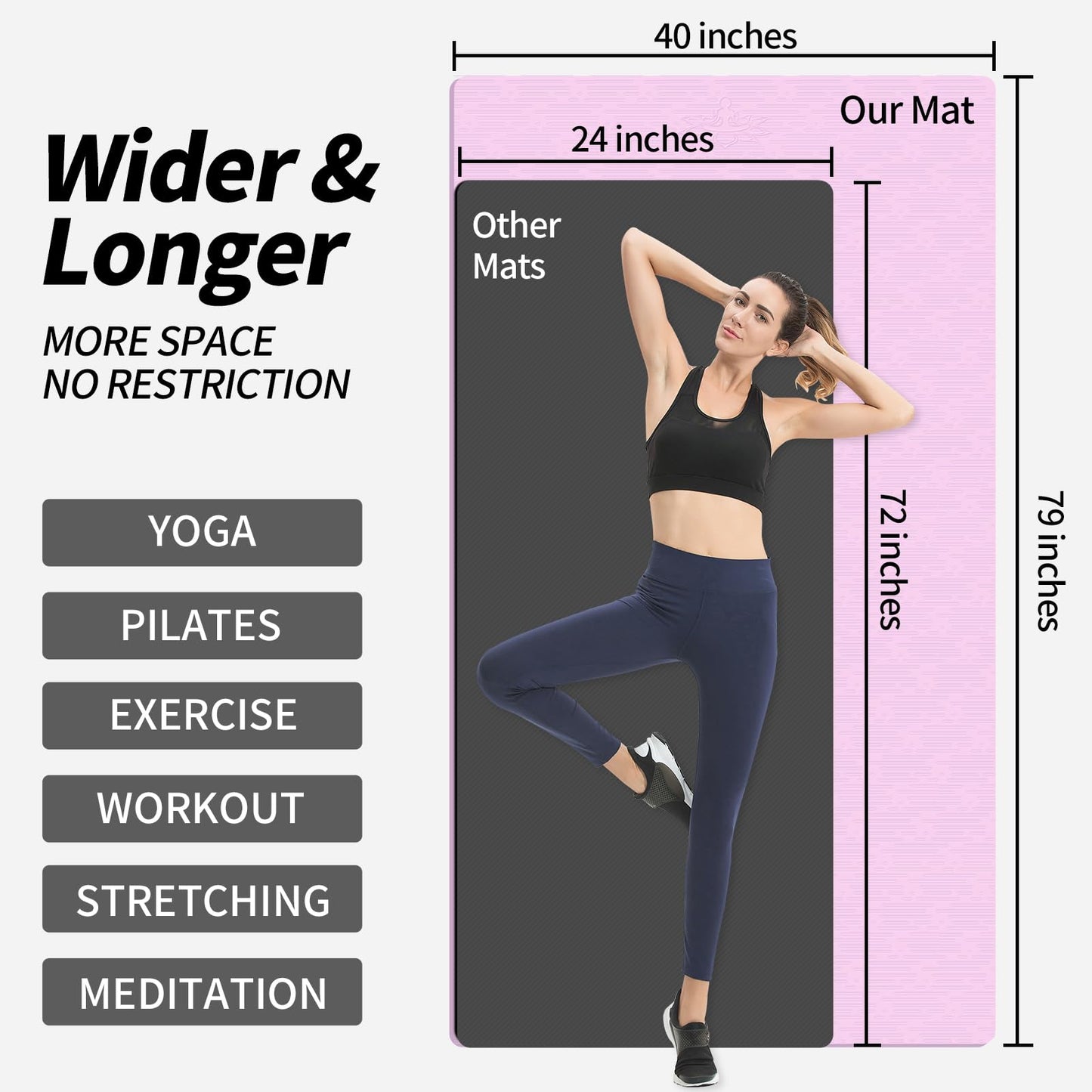 Hatha Yoga Extra Long TPE Yoga Mat 79" x 40” x 1/2" Thick Non-slip Exercise Mat for Home Gym Use, Yoga, Pilates, Fitness & Workouts (Pink)