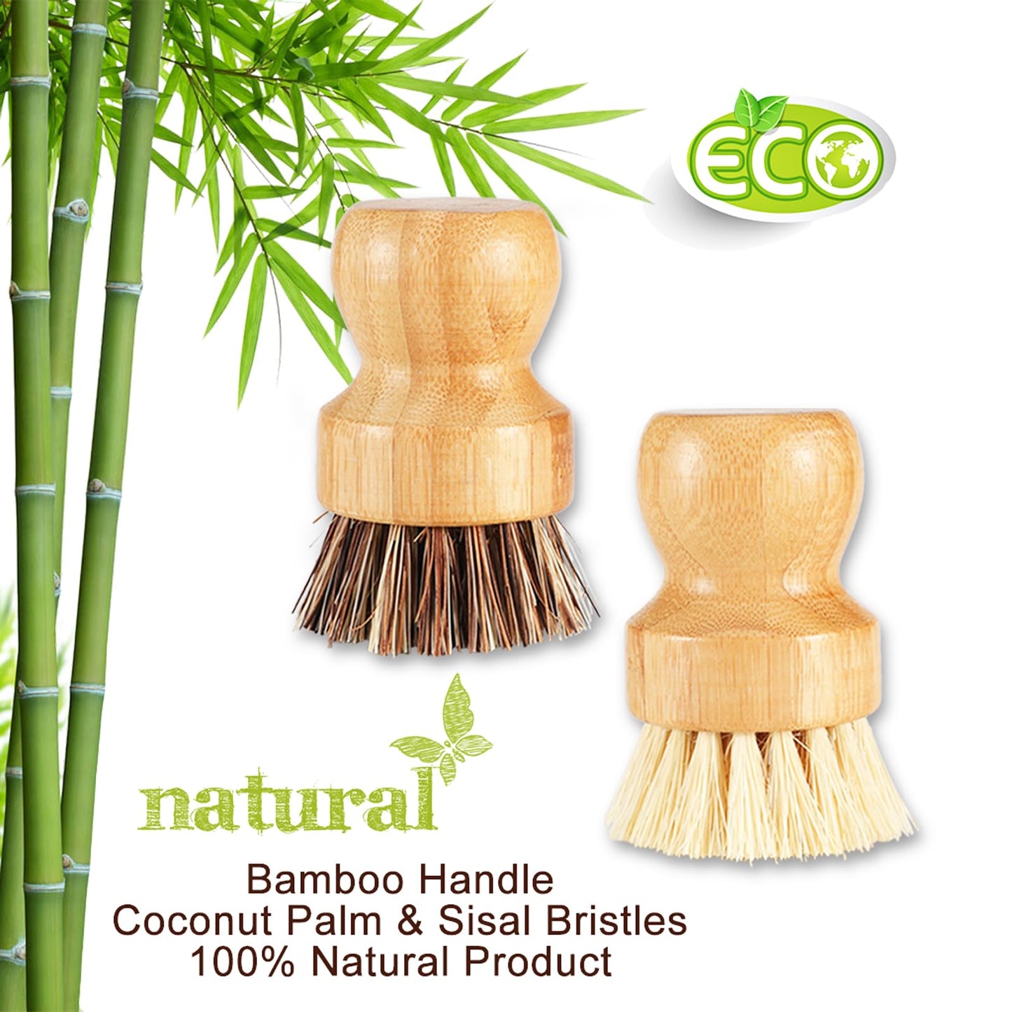 SUPERWASH PLUS Bamboo Brush Dish Scrubber Clean Pan and Vegetable, Natural Bristles Palm Pot Brush 2 Pack Round Mini Dish Brush with 2 Ceramic Dish for Kitchen Sink Cleaning