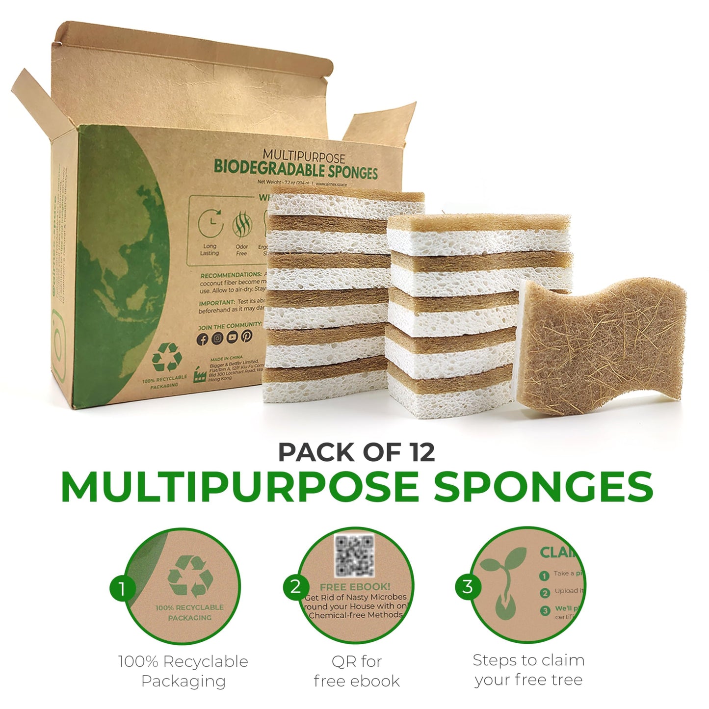 AIRNEX Biodegradable Natural Kitchen Sponge - Compostable Cellulose and Coconut Walnut Scrubber Sponge (12 Pack)
