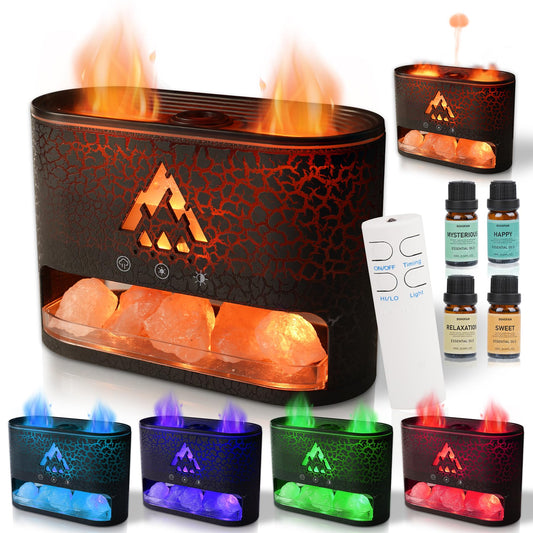BOHOFAM Himalayan Salt Aroma Diffuser & Air Humidifier with 2 Flame/Jellyfish Mist Modes,Essential Oil Diffuser wih 6 Lights Change for Home, 4 Essential Oils-Mysterious, Relaxation, Sweet, Happy