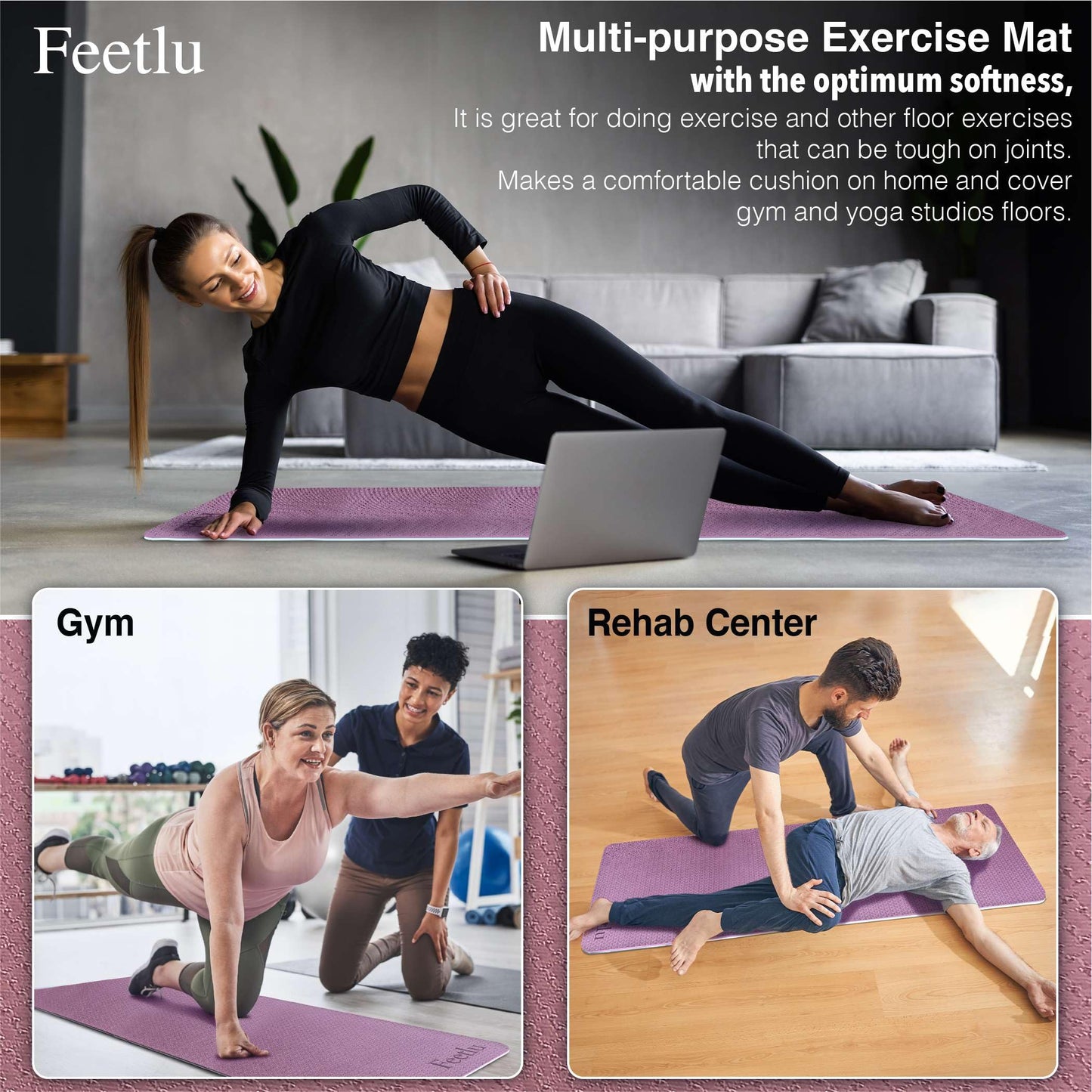 Feetlu Extra Thick Exercise Yoga Mat with Strap - 2/5 Inch (10MM), Non-Slip Workout Mat for Yoga, Pilates, and Floor Exercises(DK. PL/BGY)