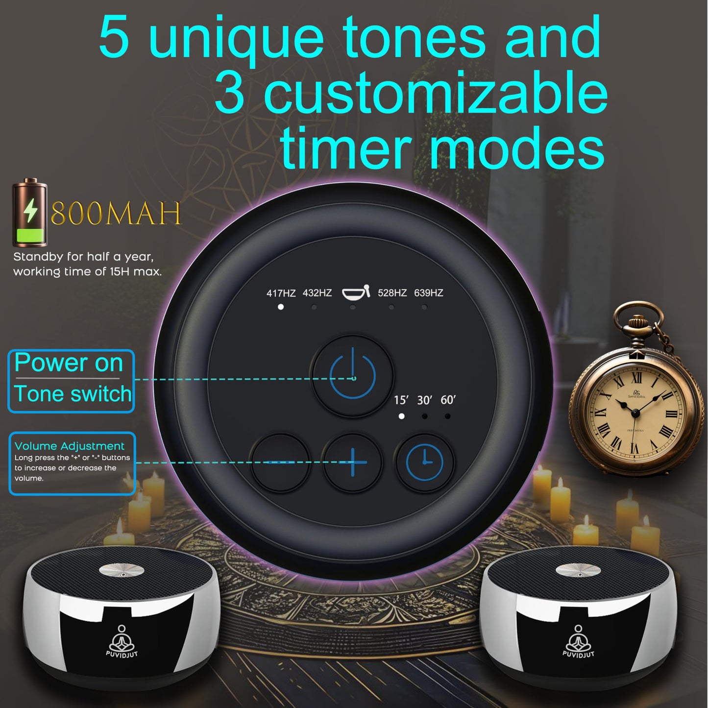 PUVIDJUT Sound Frequency Instruments, Meditation Tone TWS Machine- Solfeggio Bath Device for Yoga, Mindfulness, Singing Therapy System of Chakra Relaxation and Stress 5 Tones, 3 Timer Modes