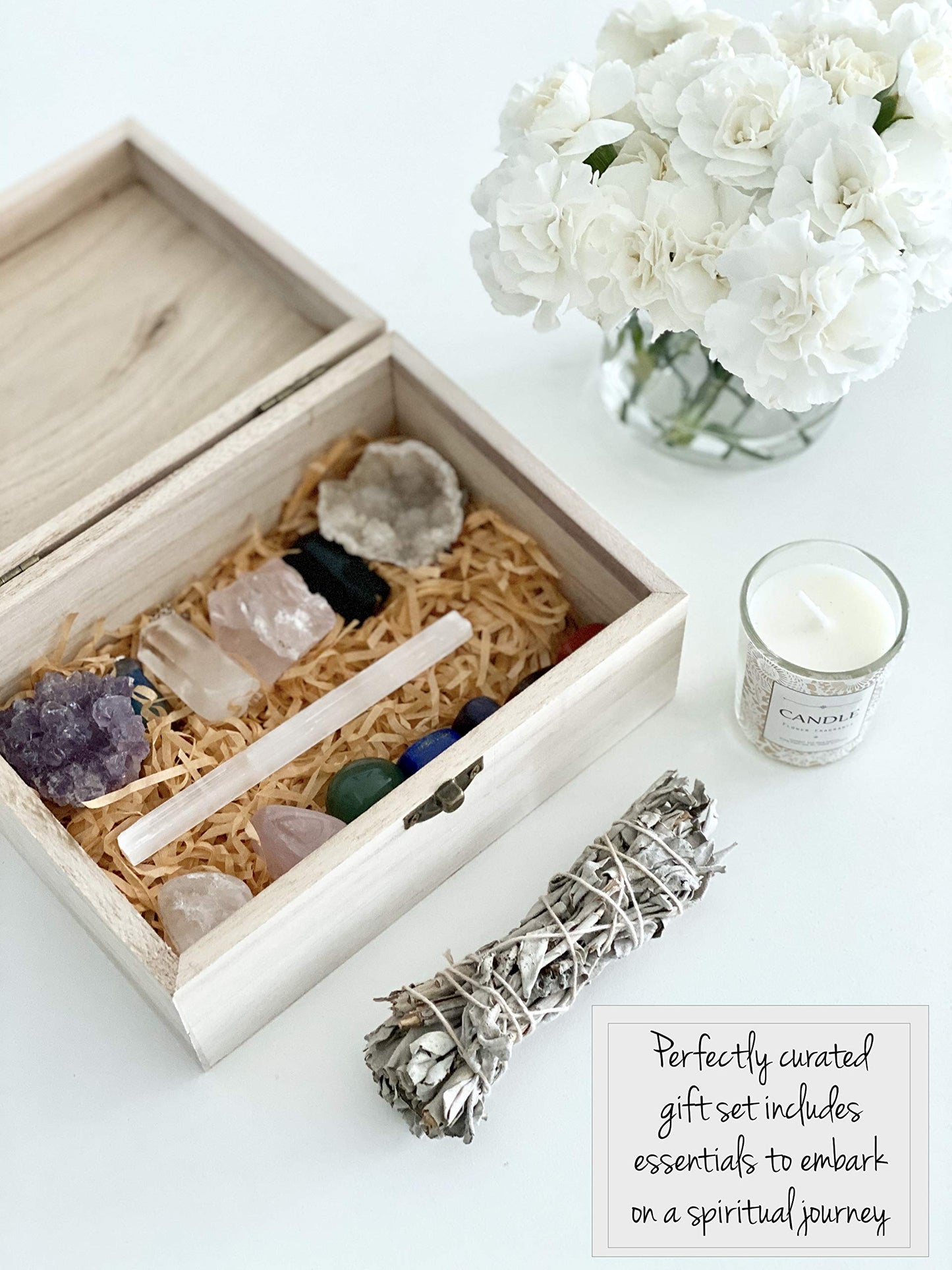 Healing Crystals Kit - Chakra Stones Crystal Starter Set | Sage Smudge Kit and Relaxation Candle | Protection + Meditation with Wooden Reiki Box for Gifts