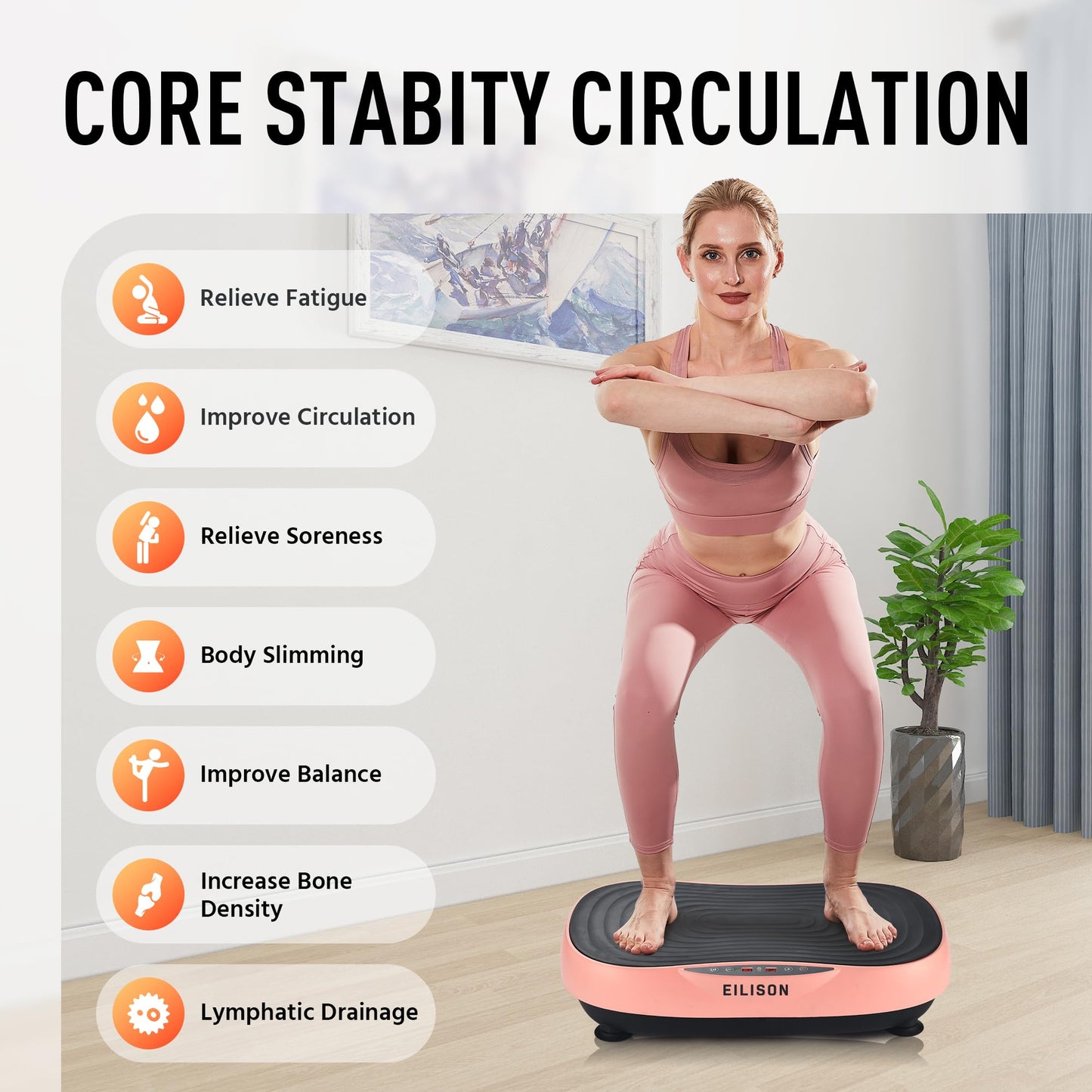 EILISON Glory Vibration Plate Exercise Machine - Whole Body Workout Vibration Fitness Platform Equipment for Home & Travel Workout, Weight Loss, Toning & Wellness (Glory Rubber Pink)