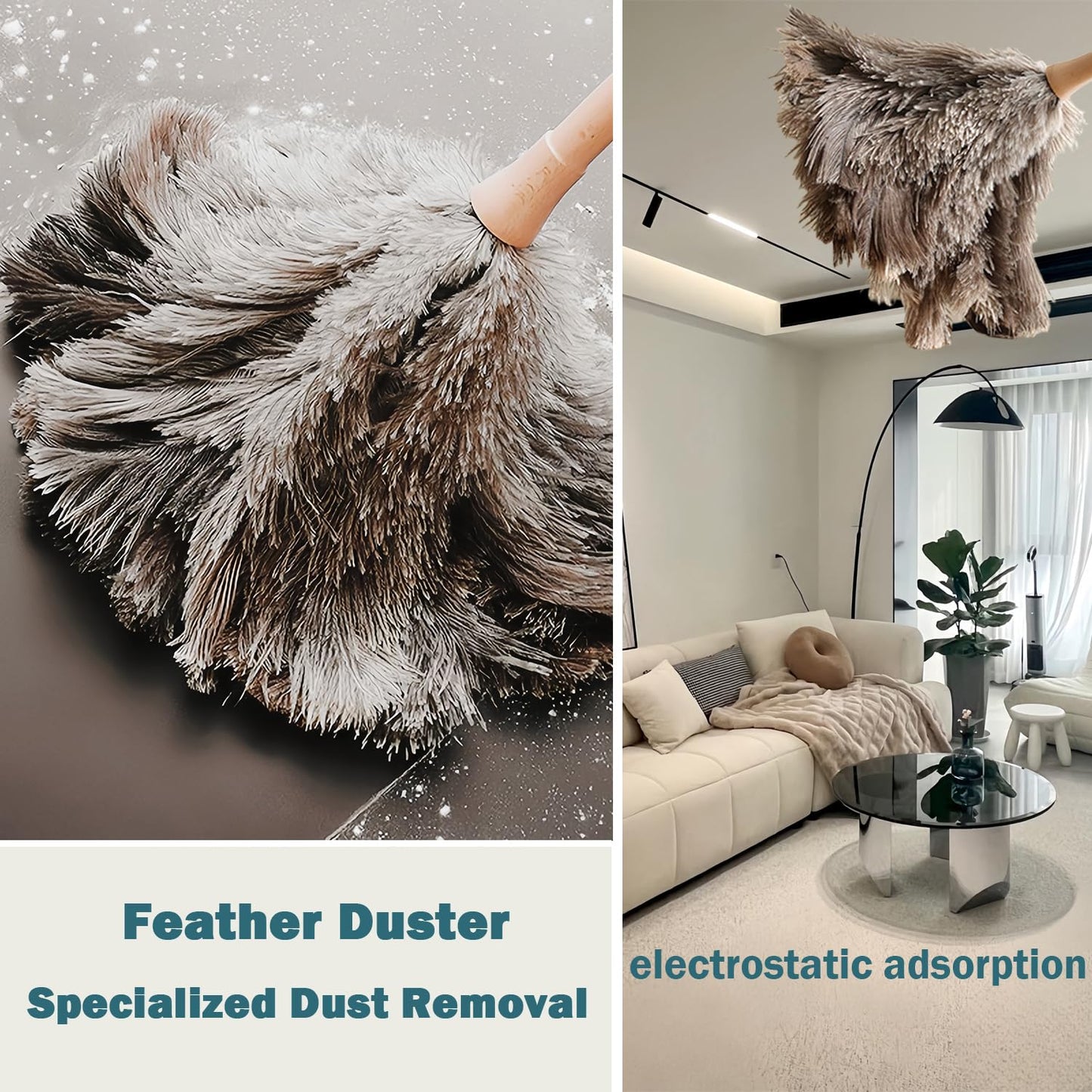 Feather Duster, Feather Dusters for Cleaning Ddzmz Fluffy Natural Genuine Ostrich Feathers with Wooden Handle Reusable Handheld Ostrich Feather Duster Cleaning Supplies, Gray and Brown(Length 16")