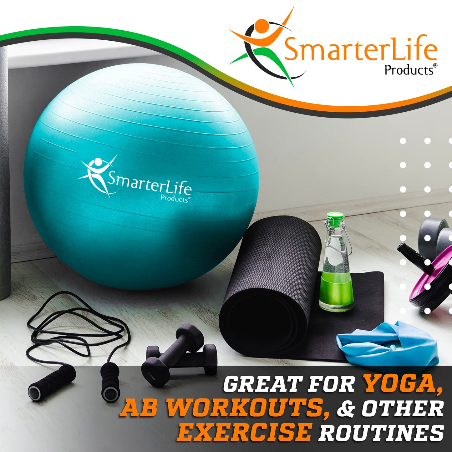 SmarterLife Exercise Ball Yoga Ball for Fitness, Balance, Stability, or Pregnancy, Gym Ball for Core Workout, Physical Therapy, Yoga Ball Chair for Office, Anti-Slip Anti-Burst (65cm, Turquoise)