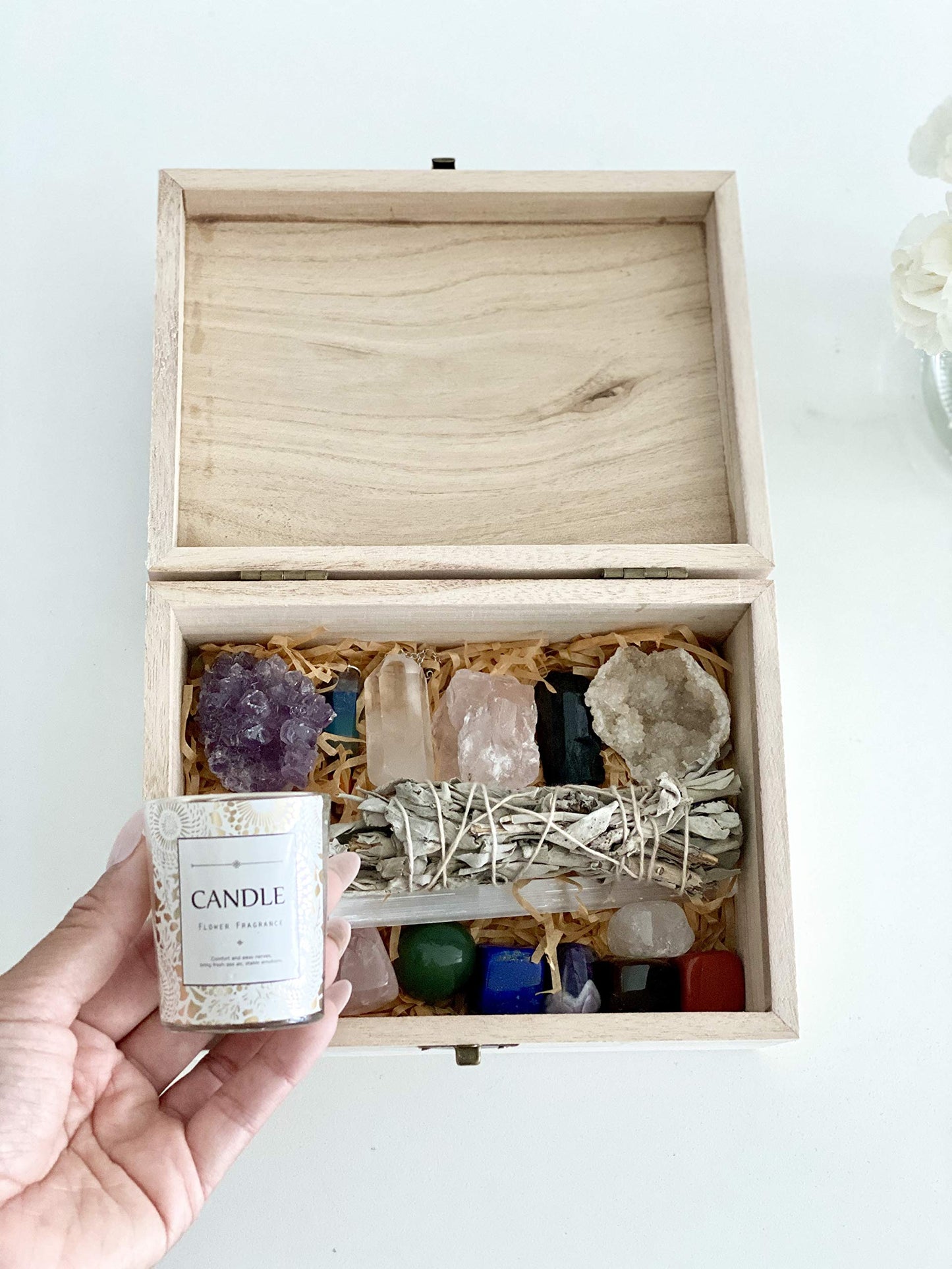 Healing Crystals Kit - Chakra Stones Crystal Starter Set | Sage Smudge Kit and Relaxation Candle | Protection + Meditation with Wooden Reiki Box for Gifts