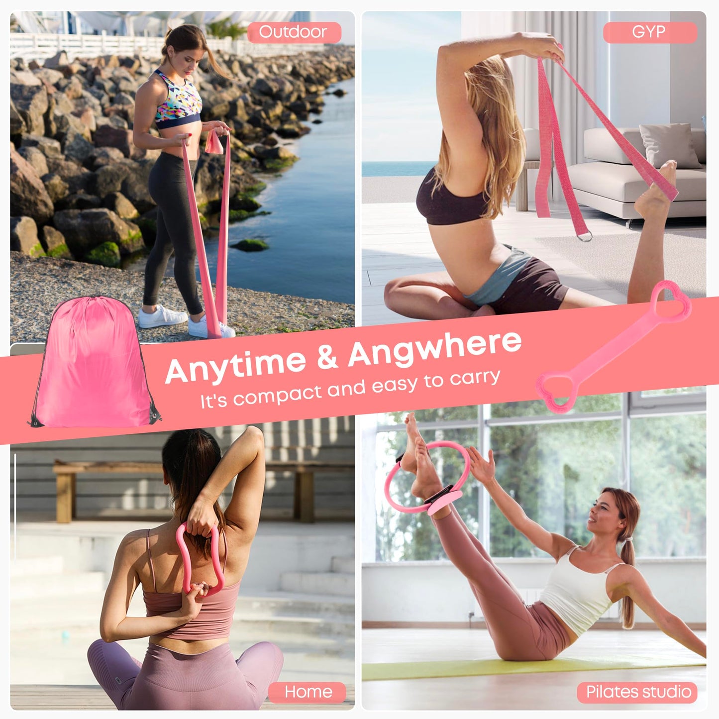 DSUMD 13 Pcs Pilates Essentials Kit for Women, Home Workout Equipment Set with 9.8” Ball, Magic Circle, Accessories, Perfect for Beginners to Toning & Fitness, Pink