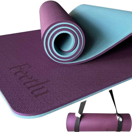 Feetlu Extra Thick Exercise Yoga Mat with Strap - 2/5 Inch (10MM), Non-Slip Workout Mat for Yoga, Pilates, and Floor Exercises(DK. PL/BGY)