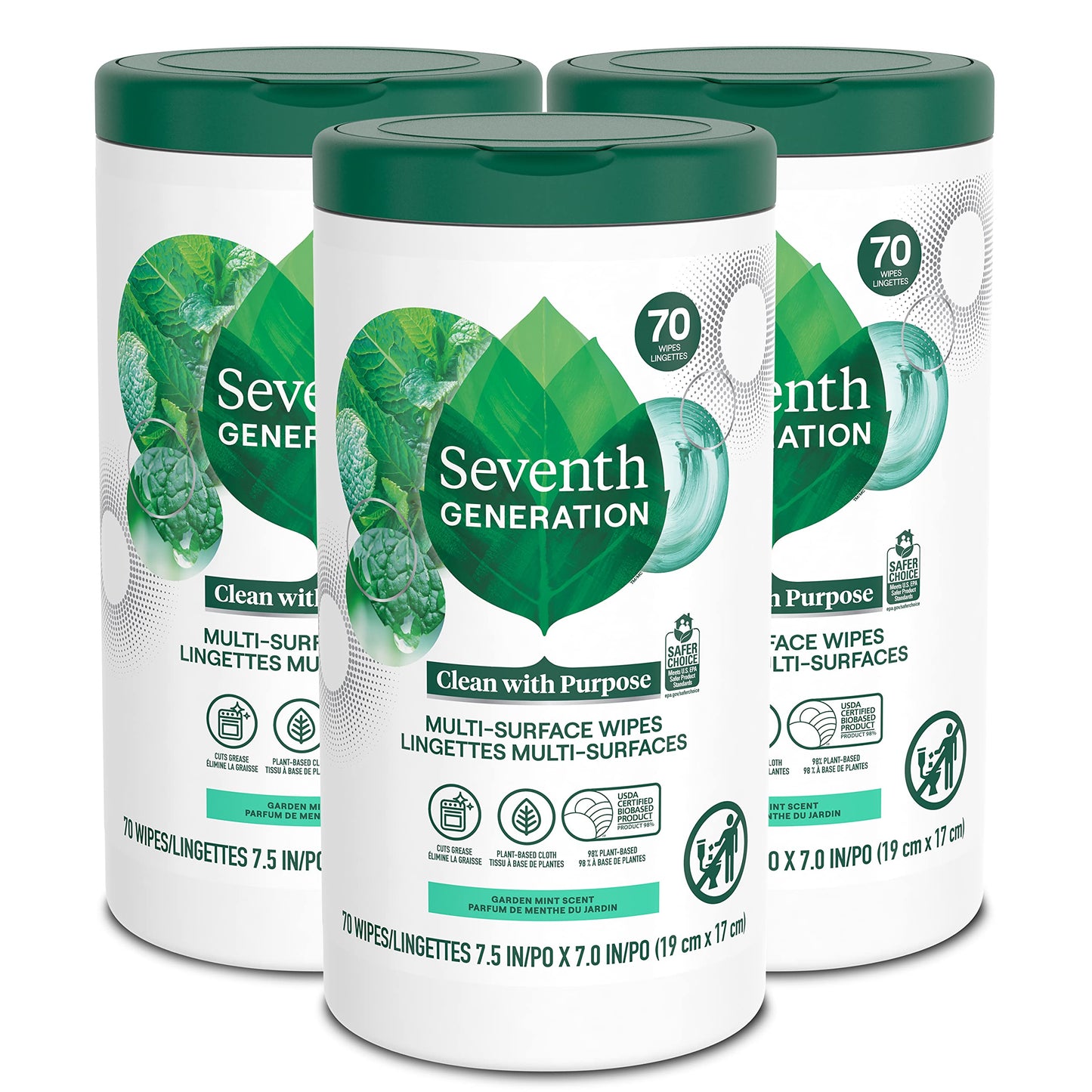 Seventh Generation Multi Purpose Wipes All Purpose Cleaning Garden Mint scent with 100% Essential Oils and Botanical Ingredients 70 count, Pack of 3