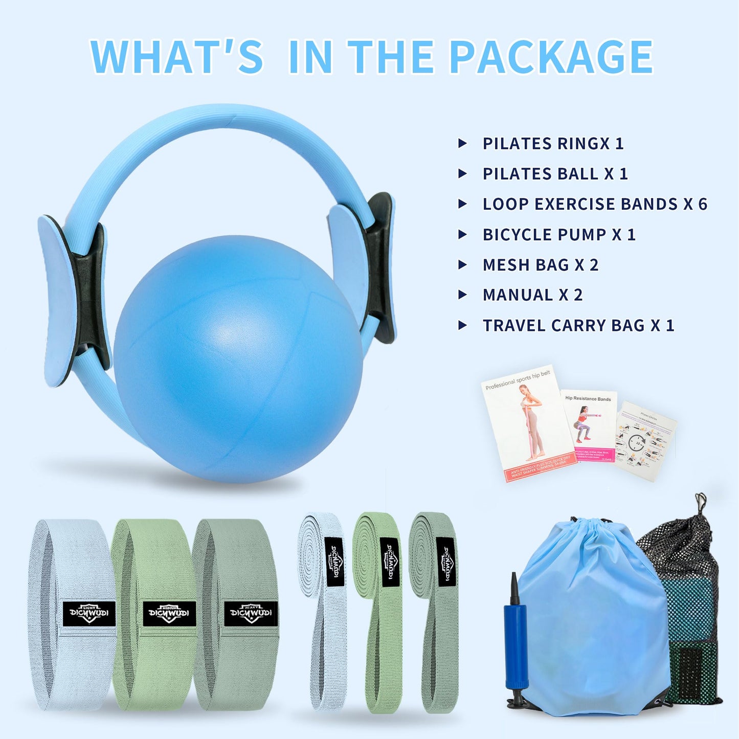 DICYWUDI Pilates Essentials Kit for Home Women, Pilates Equipment for Workouts, 6 Fabric Resistance Bands, 12 Inch Magic Circle Yoga Ring, Mini Exercise Ball, Great Exercise Equipment