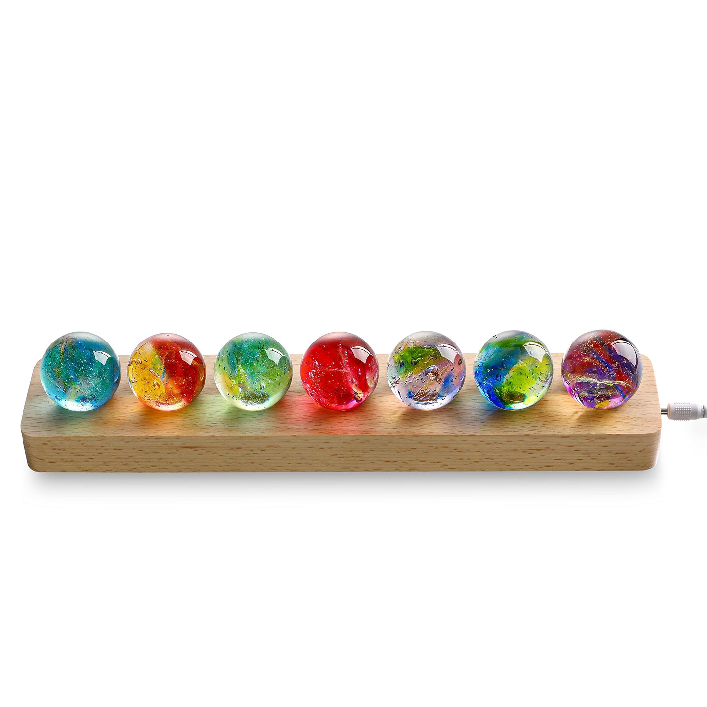 KRISININE 7 Chakra Natural Healing Spheres with LED Wooden Stand 40mm Crystal Quartz Stones for Meditation Positive Energy Night Light Decoration Balls Set for Home