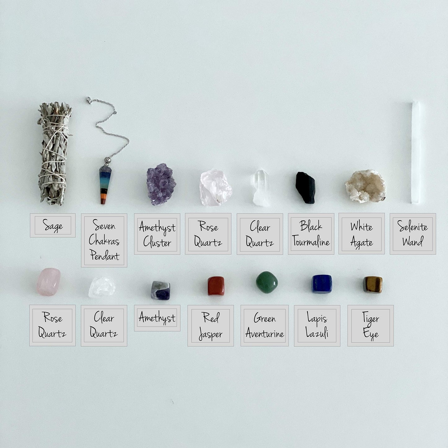 Healing Crystals Kit - Chakra Stones Crystal Starter Set | Sage Smudge Kit and Relaxation Candle | Protection + Meditation with Wooden Reiki Box for Gifts
