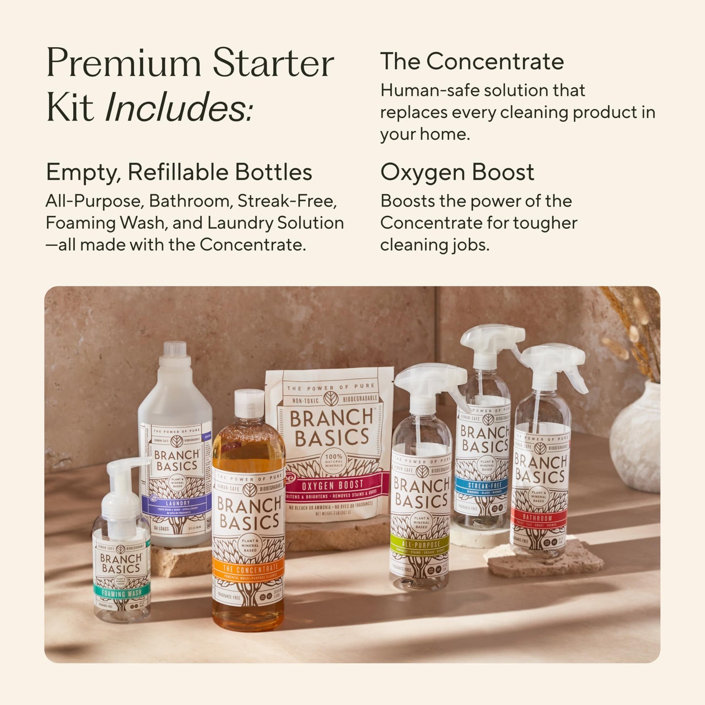 Branch Basics Premium Starter Kit: All Purpose, Glass, and Bathroom Cleaner plus our Foaming Wash, and Laundry Bottle (3 Plastic Spray Bottles + Concentrate) Fragrance-Free