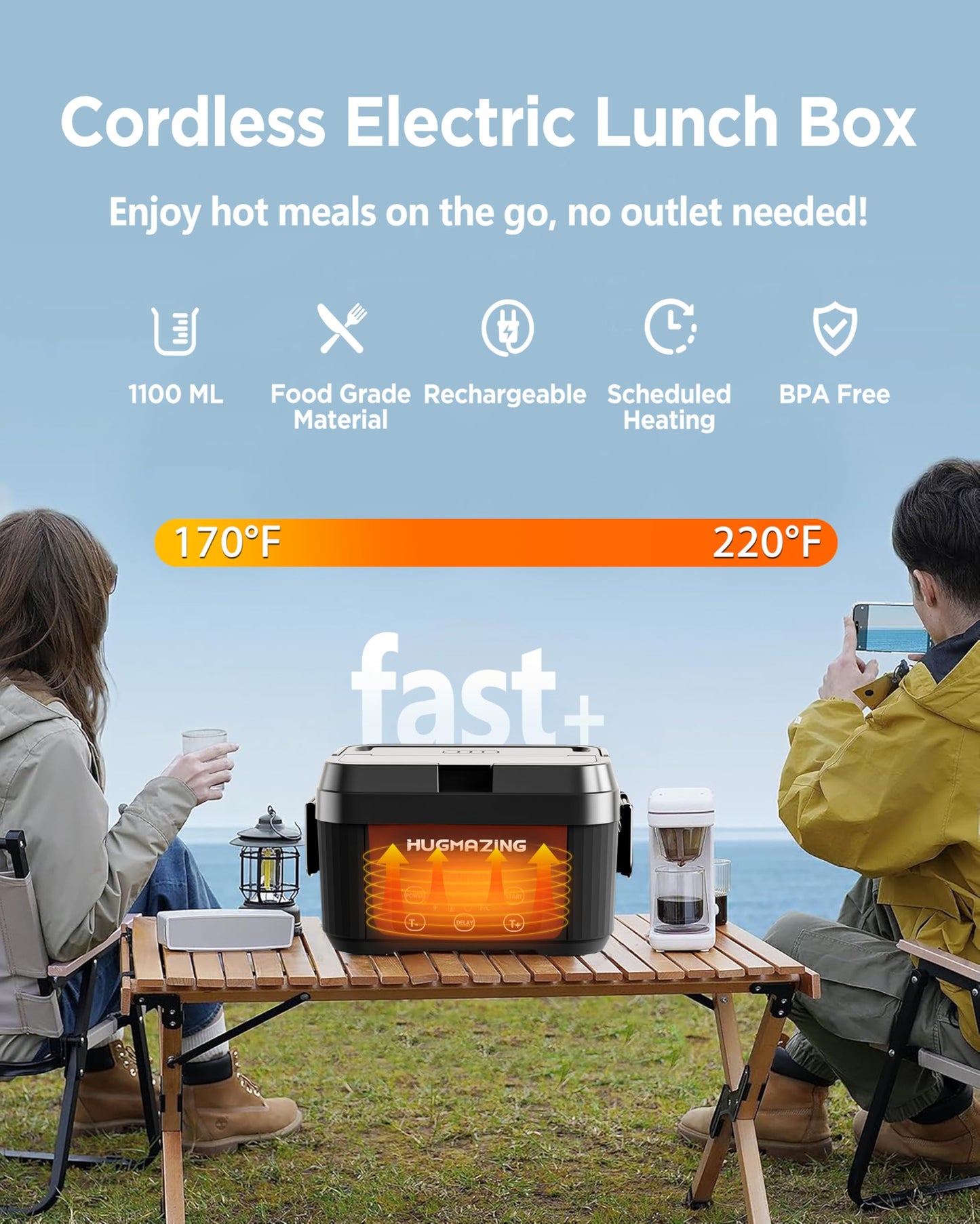 Hugmazing Cordless Electric Lunch Box – Rechargeable Self-Heating Food Warmer with 1100ML SS Container, Battery-Powered Heated Lunch Box, Perfect for Travel, Office Meals for Adults, Men & Women