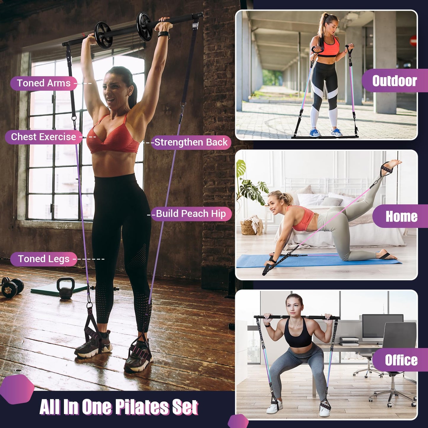 Pilates Bar Kit with Resistance Bands, Multifunctinal Exercise Bar with Ab Roller for Yoga/Abs/Weight Loss, Portable Home Gym Pilates kit for Full Body Training Women - Black