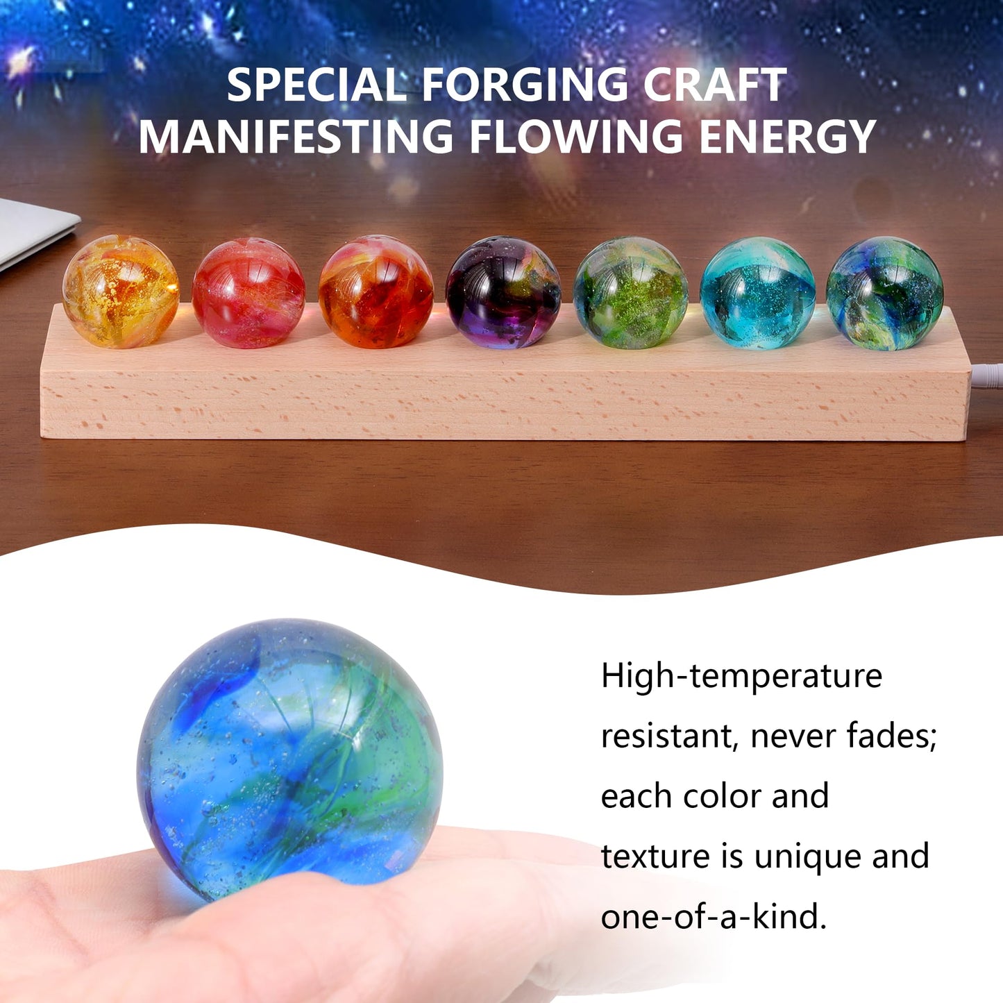 7 Chakra Healing Crystals with LED Wooden Stand – 40mm Natural Gemstone Spheres for Meditation, Reiki, Energy Balance, Night Light & Spiritual Gift for Women Home Decor