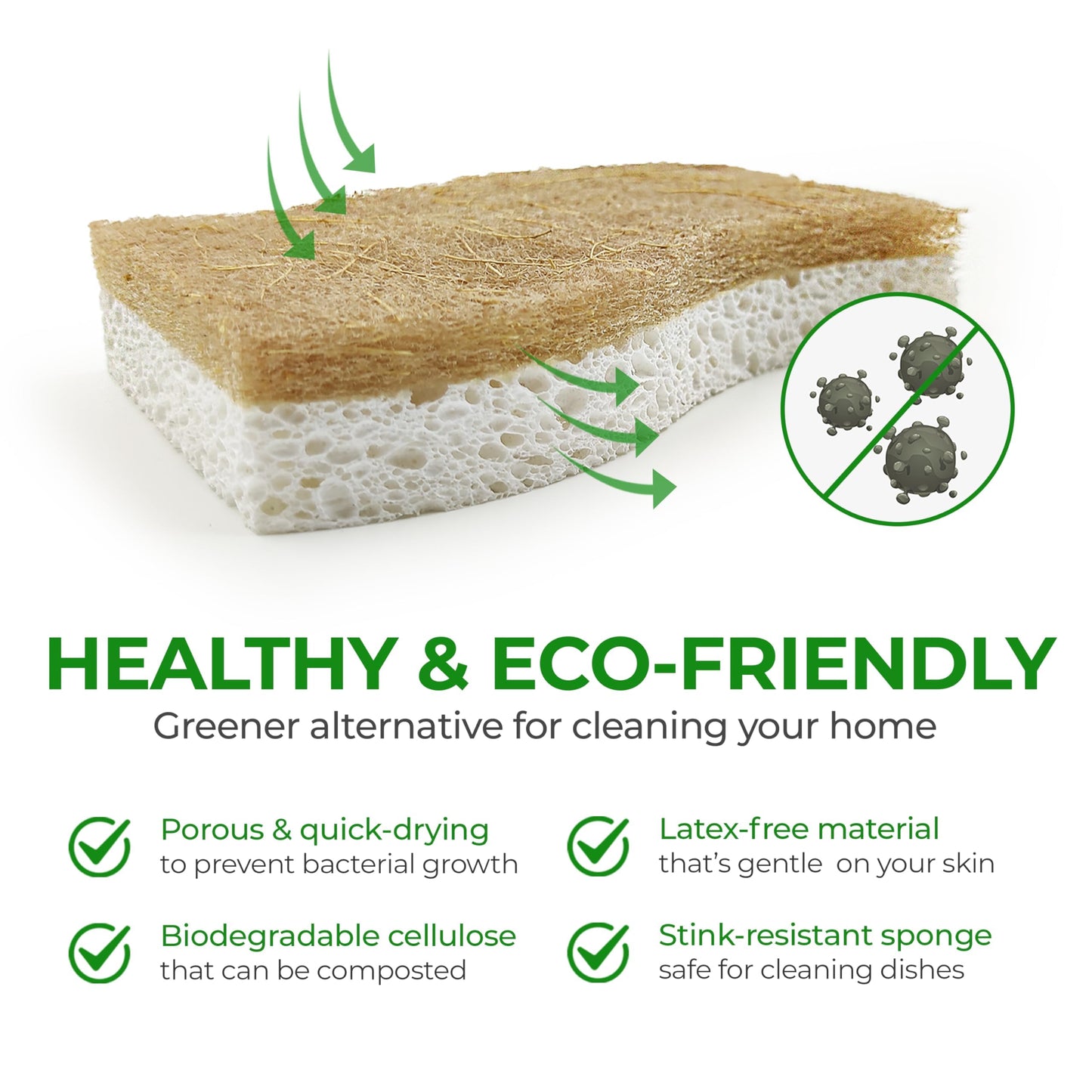 AIRNEX Biodegradable Natural Kitchen Sponge - Compostable Cellulose and Coconut Walnut Scrubber Sponge (12 Pack)