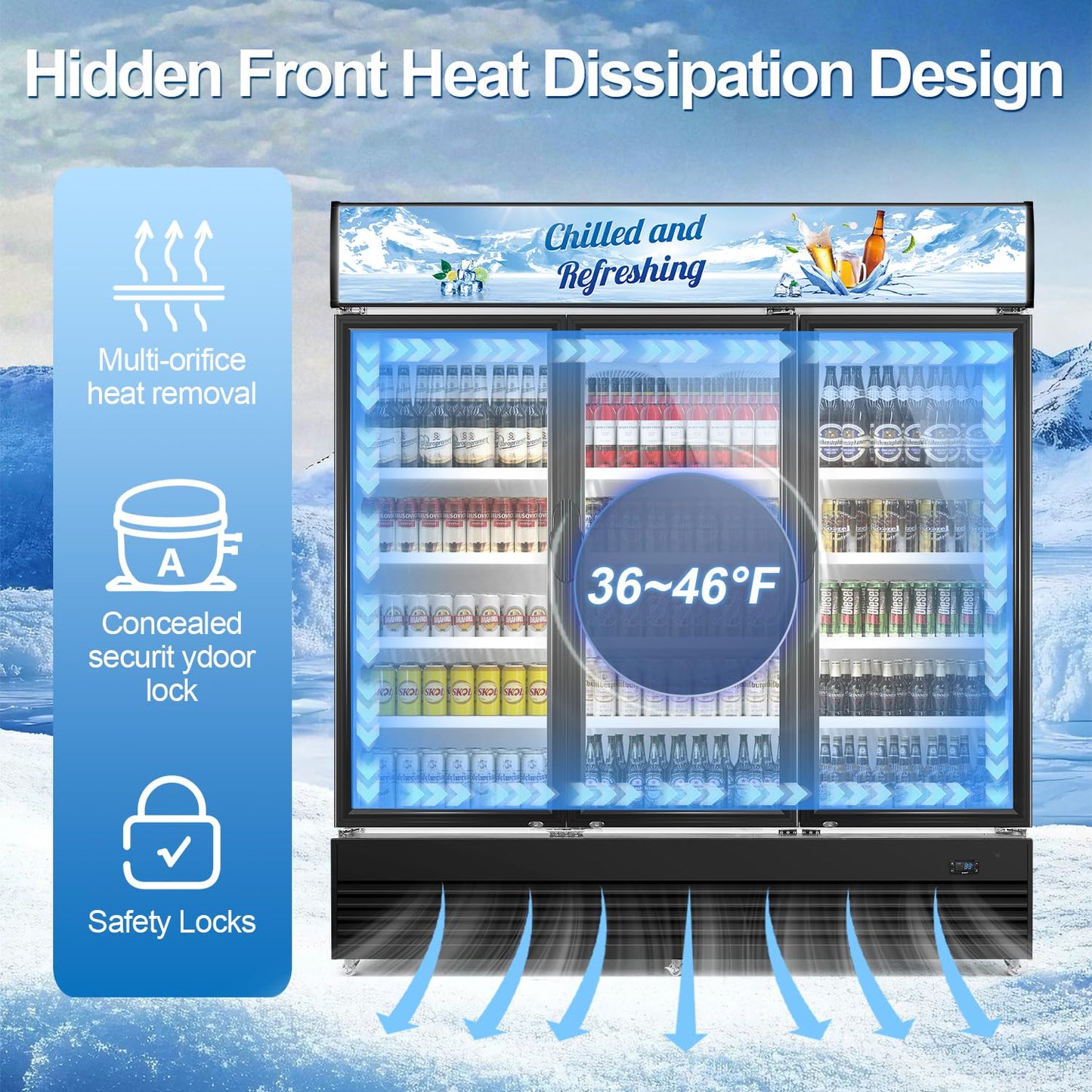 Tylza Commercial Refrigerator, Three Glass Door Display Beverage Fridge, 59.06 Cu Ft Upright Beverage Cooler Merchandiser with Replaceable Advertising Light Board, Rebound Door, Fast Cooling