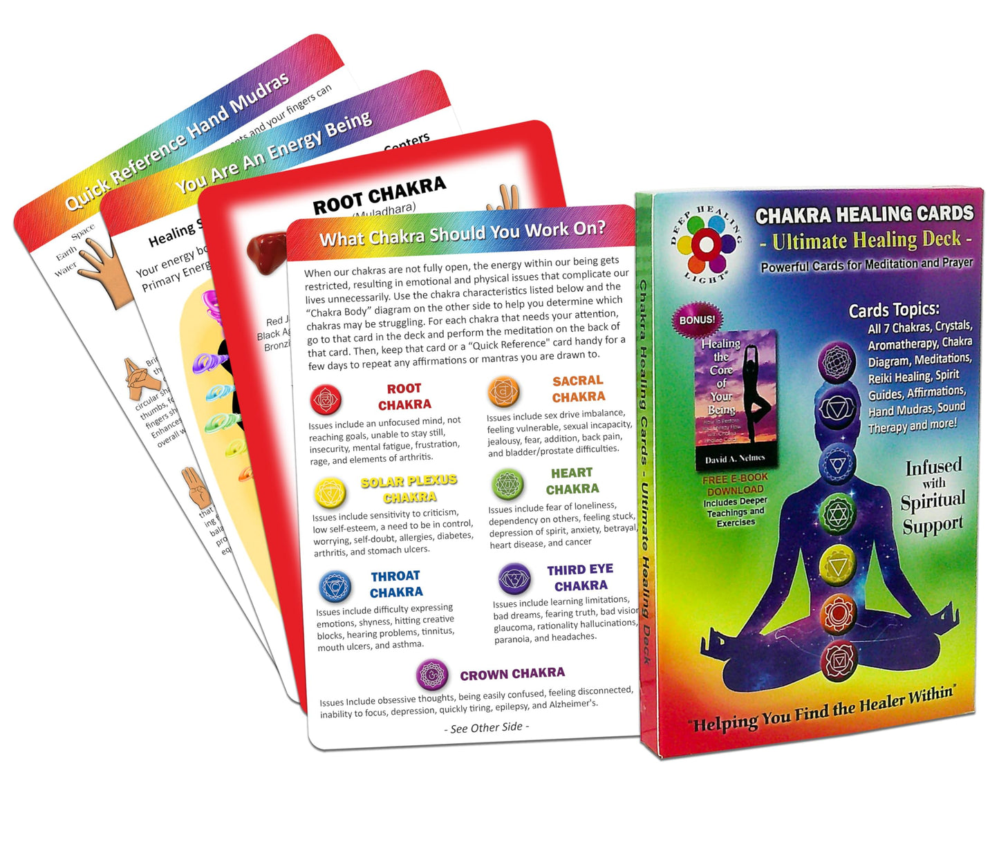Deck of Chakra Healing Cards Helps Restore and Balance Your Energy with Meditations, Affirmations, Chakras Chart, Aromatherapy, Essential Oils, Reiki Symbols, Hand Mudras - (18) 4"x6" 2-Sided Cards