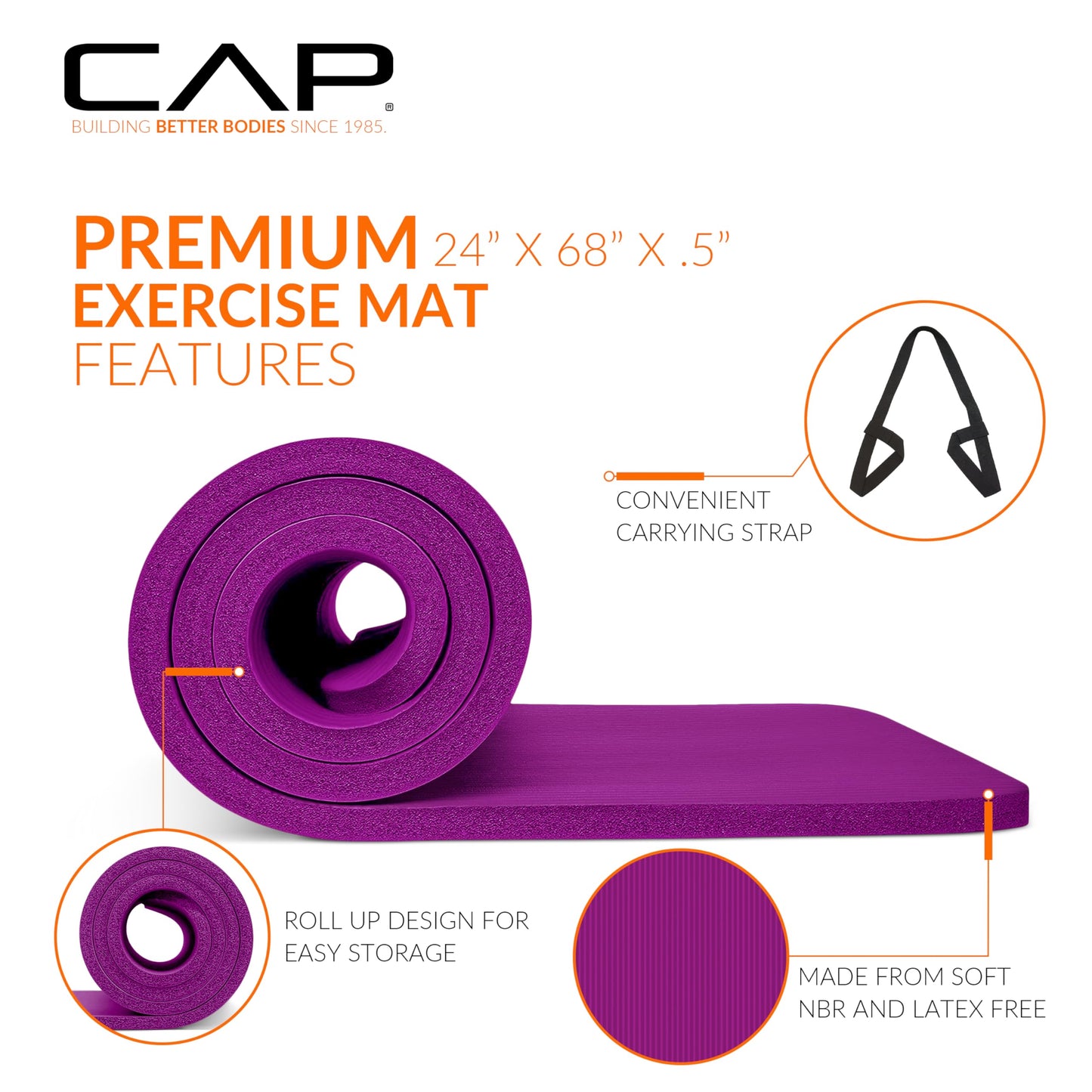 CAP Barbell High Density Exercise Yoga Mat with strap, 68"x24" 12mm - Wine