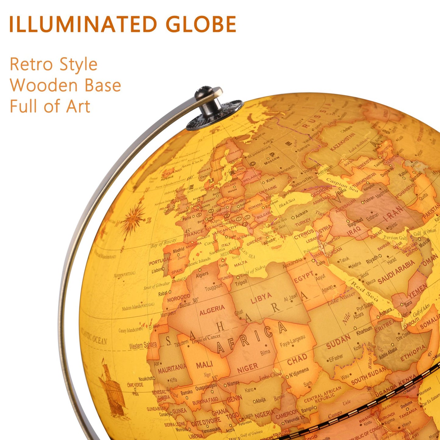 TTKTK Illuminated World Globe for Adults & Kids with Wooden Stand,Built in LED Lamp for Illuminated Night View Antique Globe for Home Décor and Office Desktop 8inch
