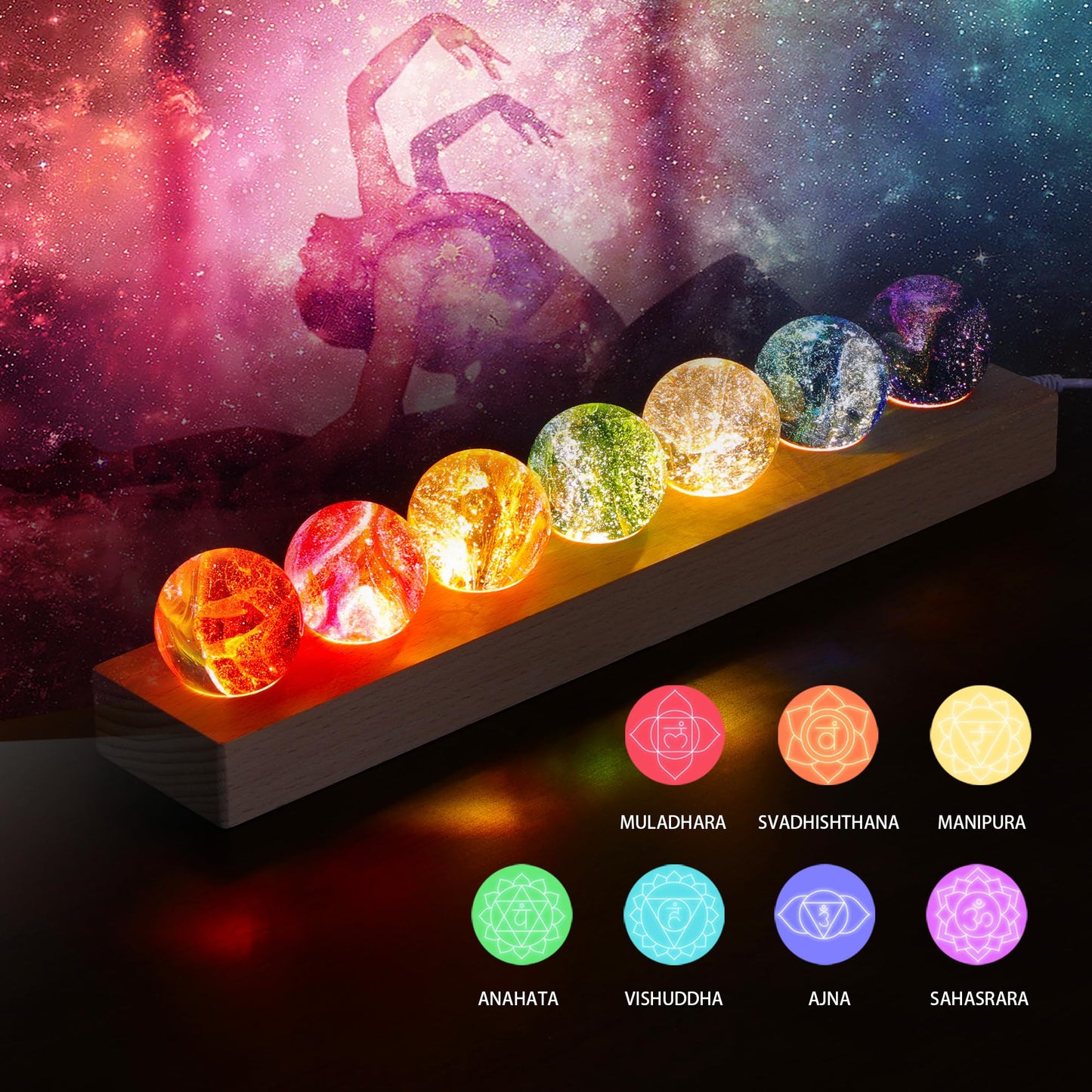 7 Chakra Healing Crystals with LED Wooden Stand – 40mm Natural Gemstone Spheres for Meditation, Reiki, Energy Balance, Night Light & Spiritual Gift for Women Home Decor