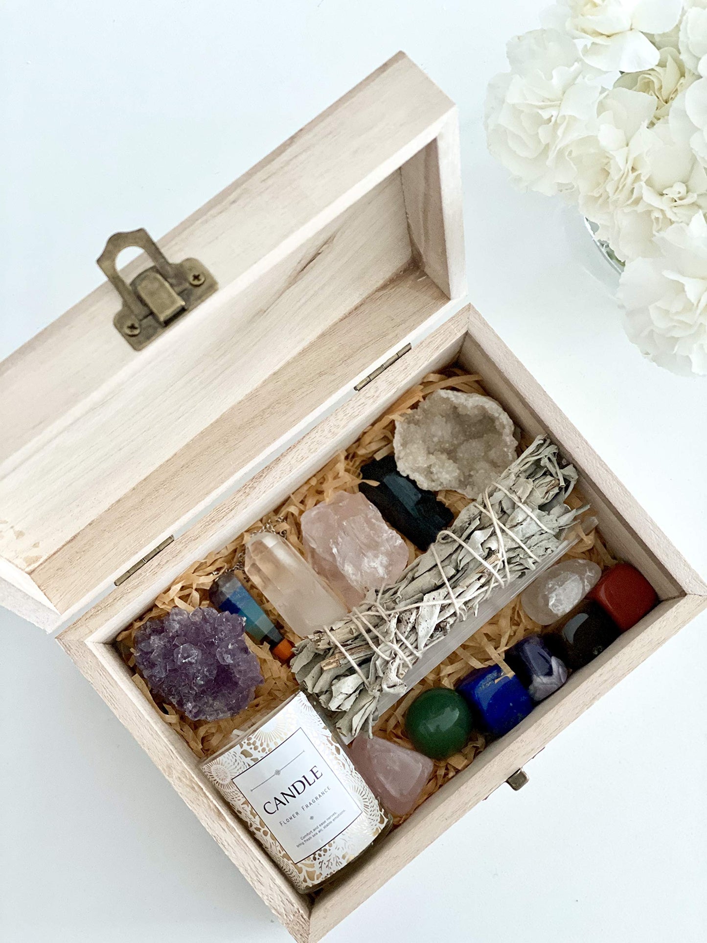 Healing Crystals Kit - Chakra Stones Crystal Starter Set | Sage Smudge Kit and Relaxation Candle | Protection + Meditation with Wooden Reiki Box for Gifts
