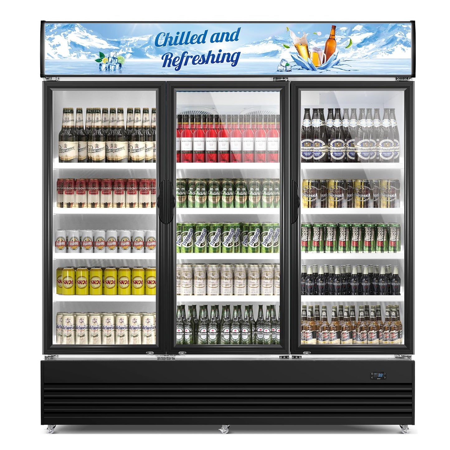 Tylza Commercial Refrigerator, Three Glass Door Display Beverage Fridge, 59.06 Cu Ft Upright Beverage Cooler Merchandiser with Replaceable Advertising Light Board, Rebound Door, Fast Cooling