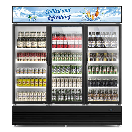 Tylza Commercial Refrigerator, Three Glass Door Display Beverage Fridge, 59.06 Cu Ft Upright Beverage Cooler Merchandiser with Replaceable Advertising Light Board, Rebound Door, Fast Cooling