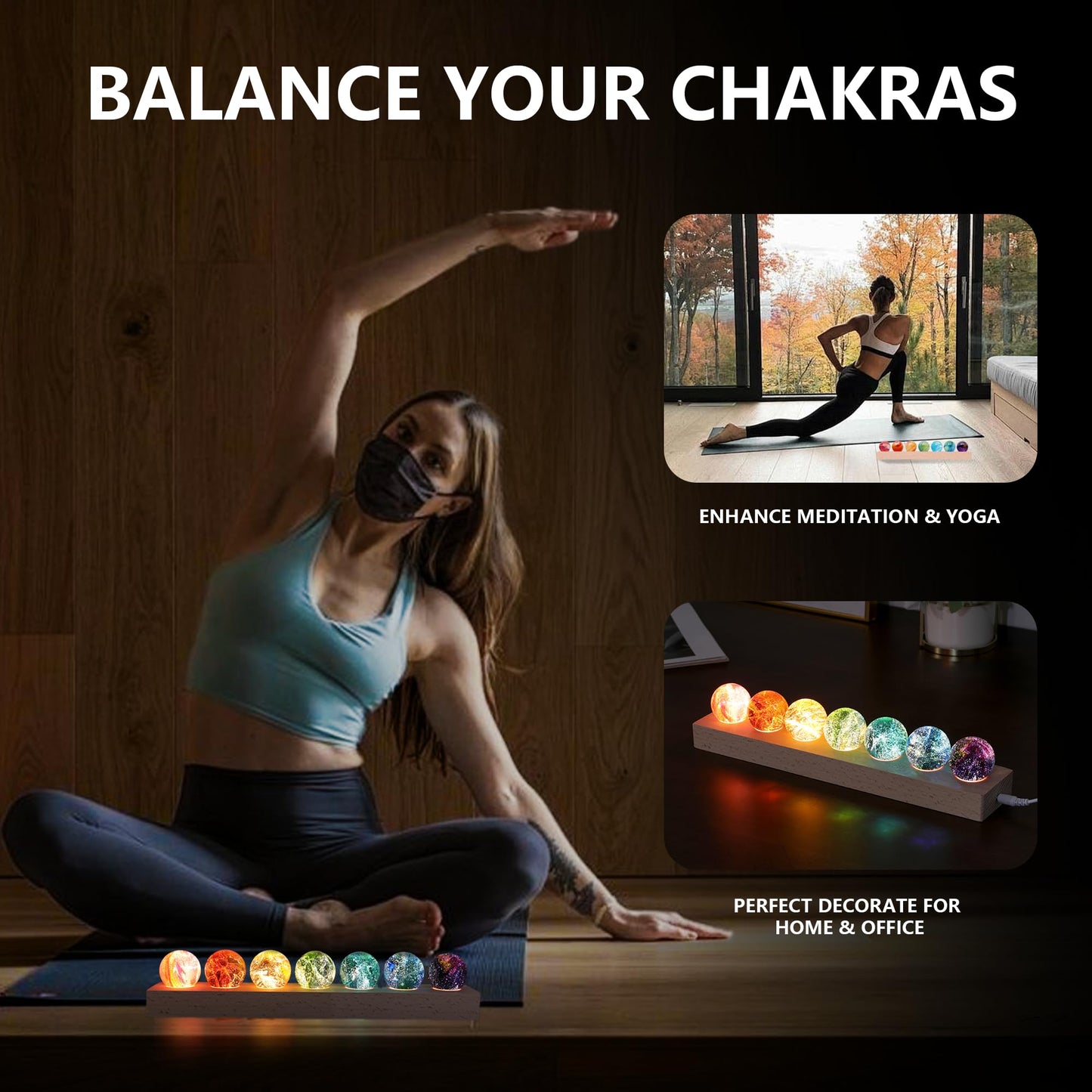 7 Chakra Healing Crystals with LED Wooden Stand – 40mm Natural Gemstone Spheres for Meditation, Reiki, Energy Balance, Night Light & Spiritual Gift for Women Home Decor