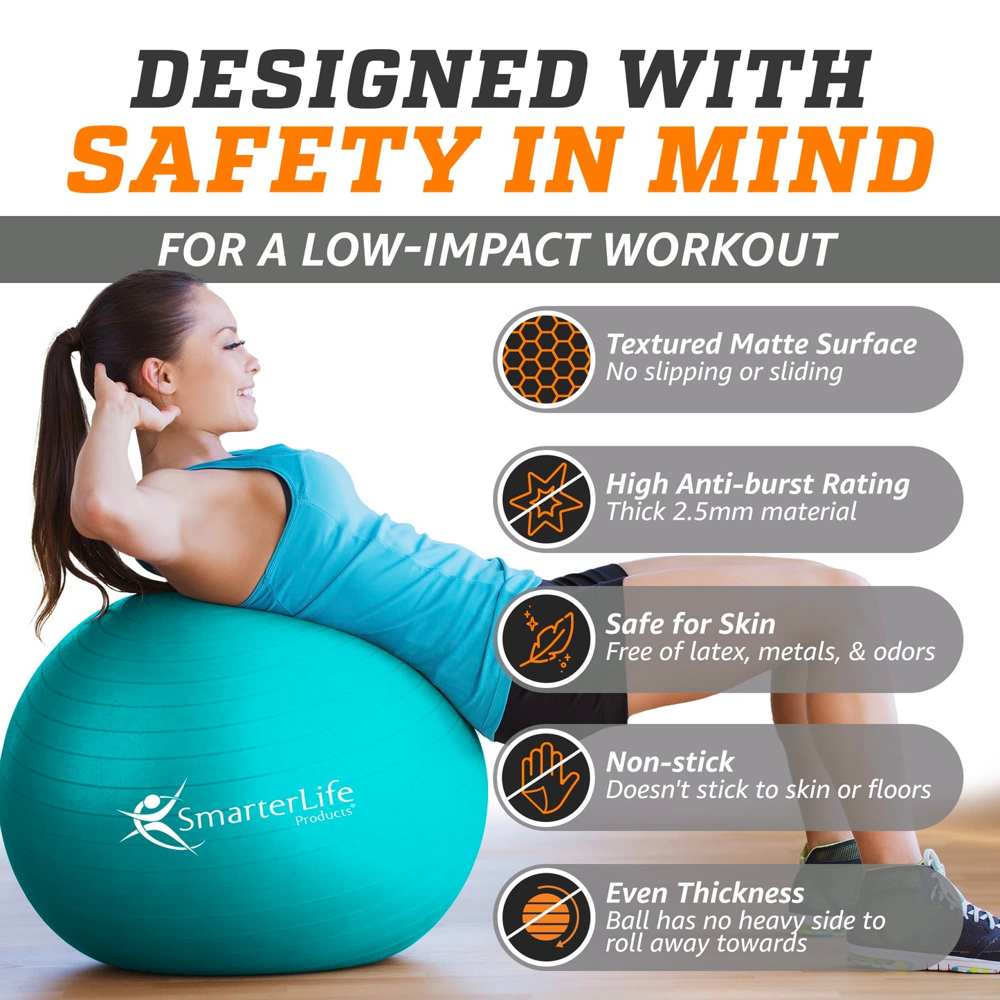 SmarterLife Exercise Ball Yoga Ball for Fitness, Balance, Stability, or Pregnancy, Gym Ball for Core Workout, Physical Therapy, Yoga Ball Chair for Office, Anti-Slip Anti-Burst (65cm, Turquoise)