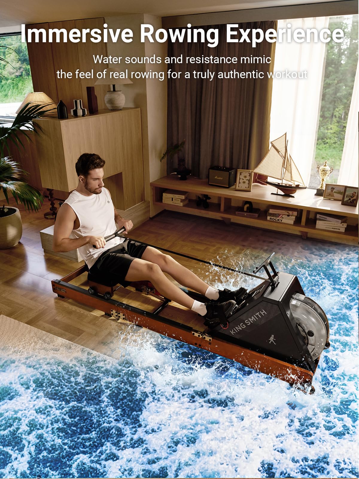 KINGSMITH Water Rowing Machines for Home, WR20 Foldable Row Machine, 331LB Weight Capacity, Water Rower Machine with LCD Monitor, App Supported and Comfortable Seat for Folding Water Rowers, Red Oak