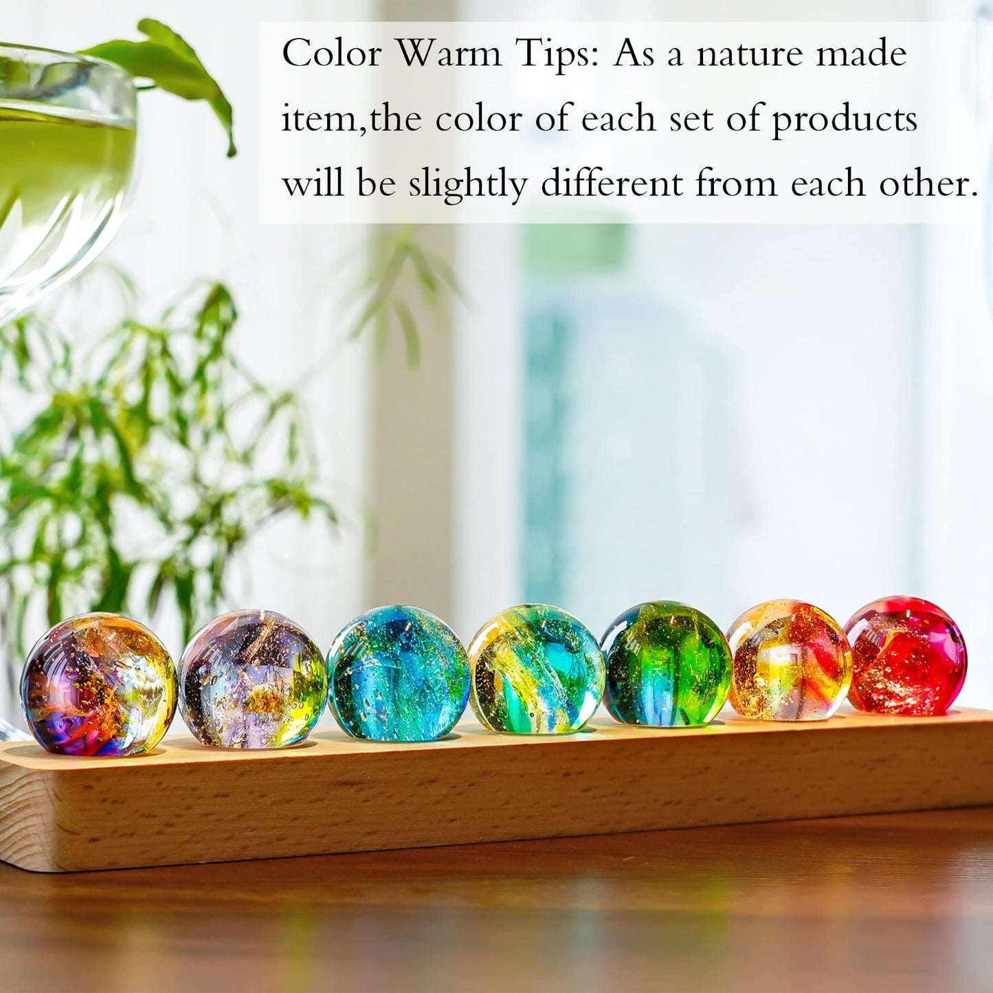 KRISININE 7 Chakra Natural Healing Spheres with LED Wooden Stand 40mm Crystal Quartz Stones for Meditation Positive Energy Night Light Decoration Balls Set for Home