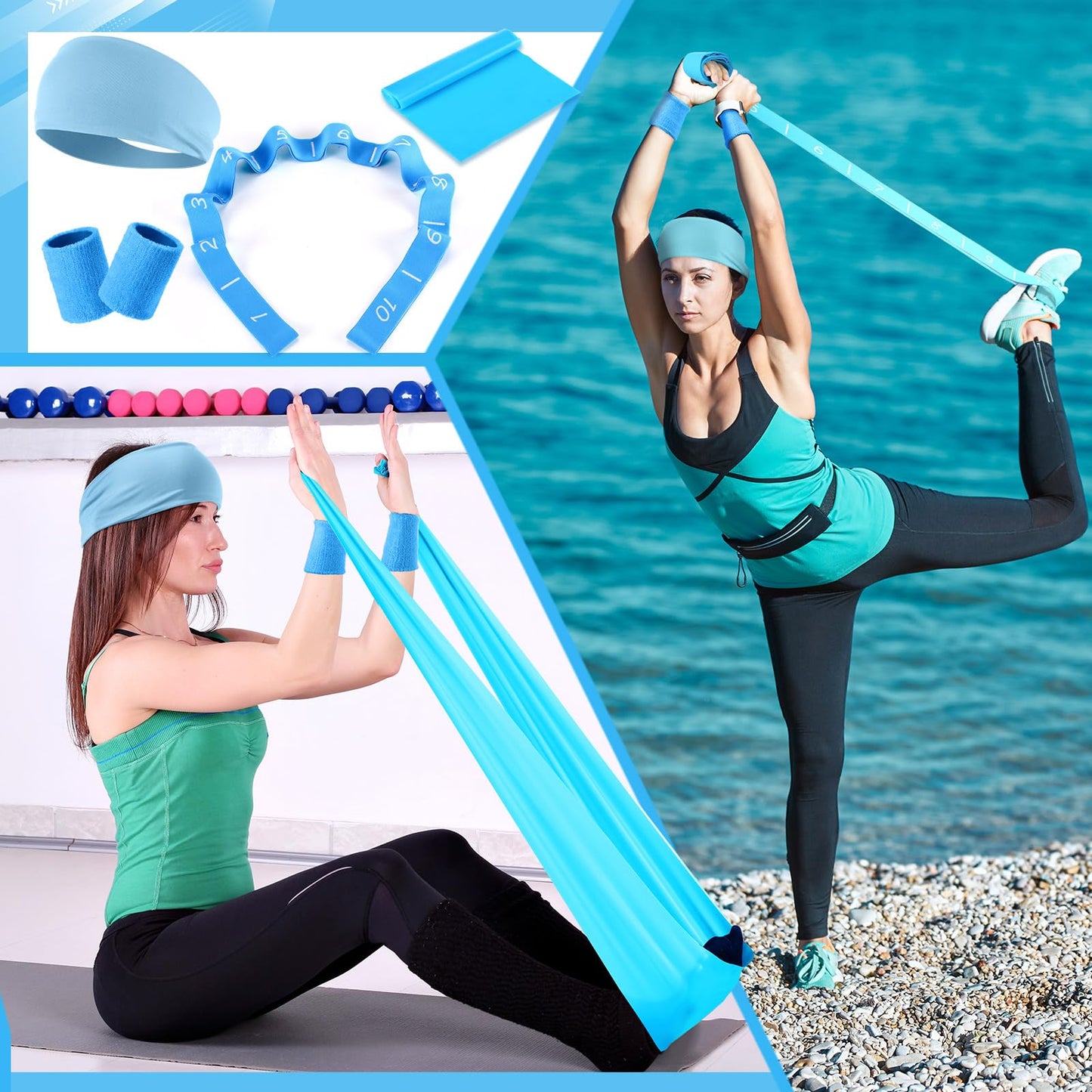 Poen 18 Pcs Pilates Ring Kit Home Pilates Ring Circle and Ball Set for Women Yoga Fitness Set with 5 Resistance Band Stretching Strap Non Slip Sock Ball Core Slider Wristband Headband Gym Bag(Blue)
