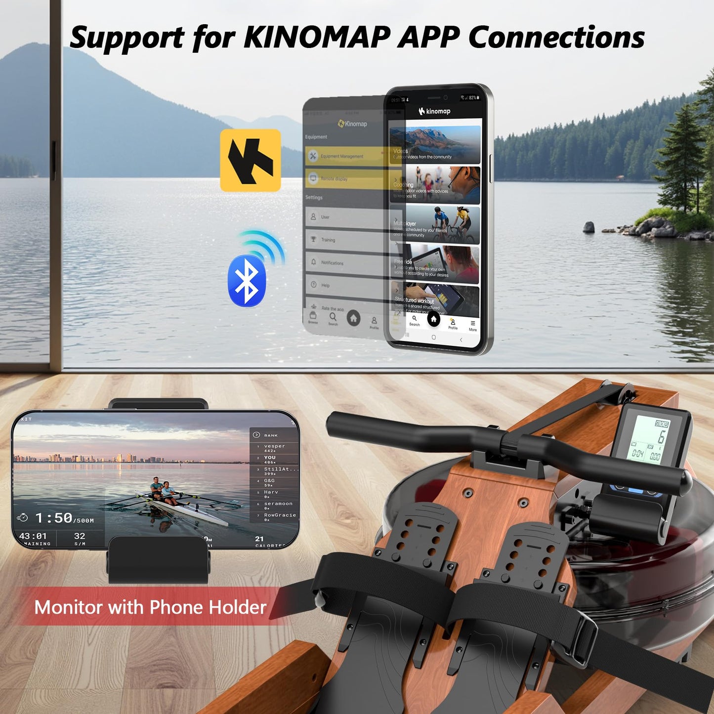 Water Rowing Machine for Home Use, WENOKER Wooden Foldable Rower Machine with Dedicated Monitor & Bluetooth APP, Large Water Tank & Comfortable Seat for Immersive Water Rower, 350LBS Weight Capacity