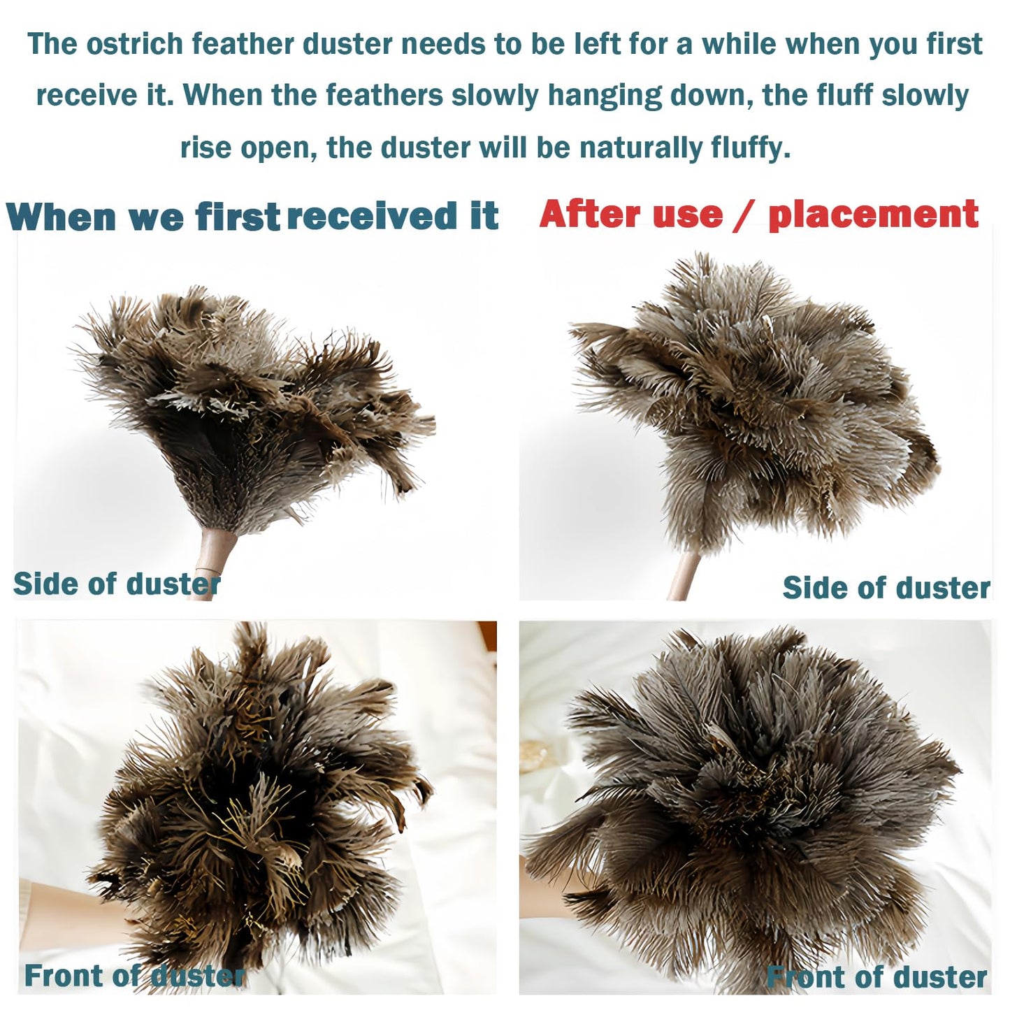 Feather Duster, Feather Dusters for Cleaning Ddzmz Fluffy Natural Genuine Ostrich Feathers with Wooden Handle Reusable Handheld Ostrich Feather Duster Cleaning Supplies, Gray and Brown(Length 16")