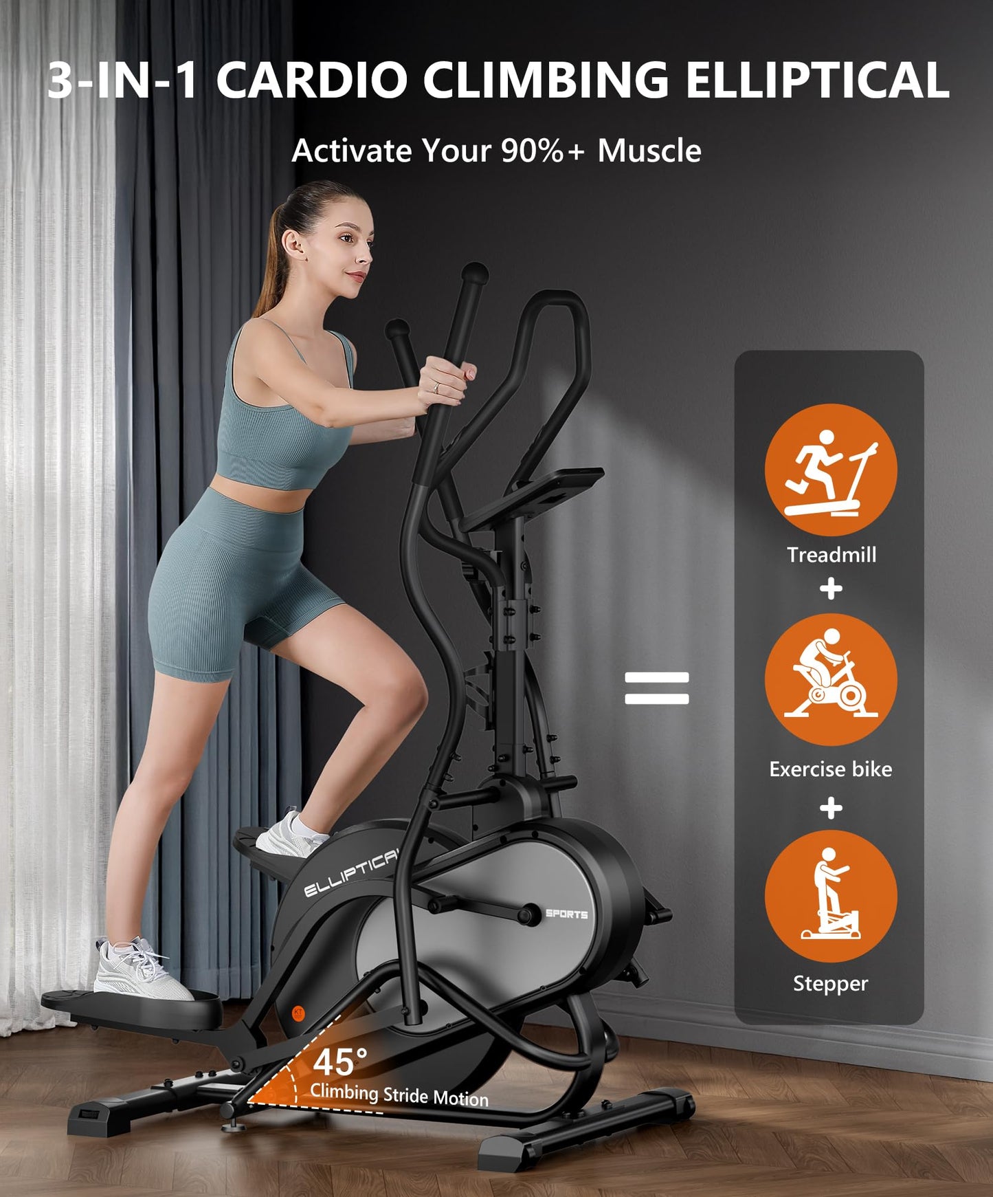 THERUN Elliptical Exercise Machine, 3-in-1 Cardio Climber Stepping Elliptical Machine for Home, Stair Stepper Elliptical Training Machines w/16 Levels Resistance, Pulse Sensor, LCD Monitor (Gray)