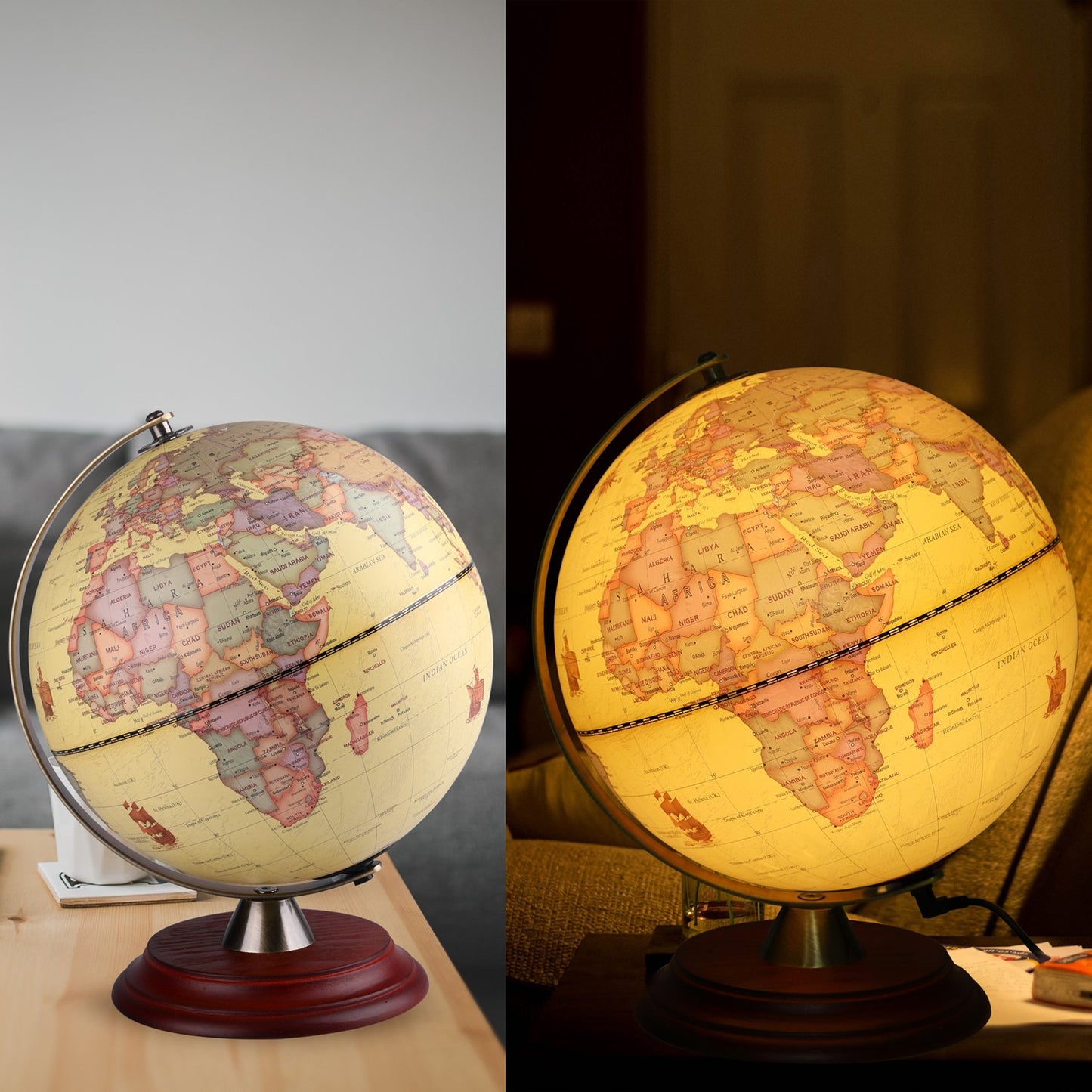 TTKTK Illuminated World Globe for Adults & Kids with Wooden Stand,Built in LED Lamp for Illuminated Night View Antique Globe for Home Décor and Office Desktop 8inch