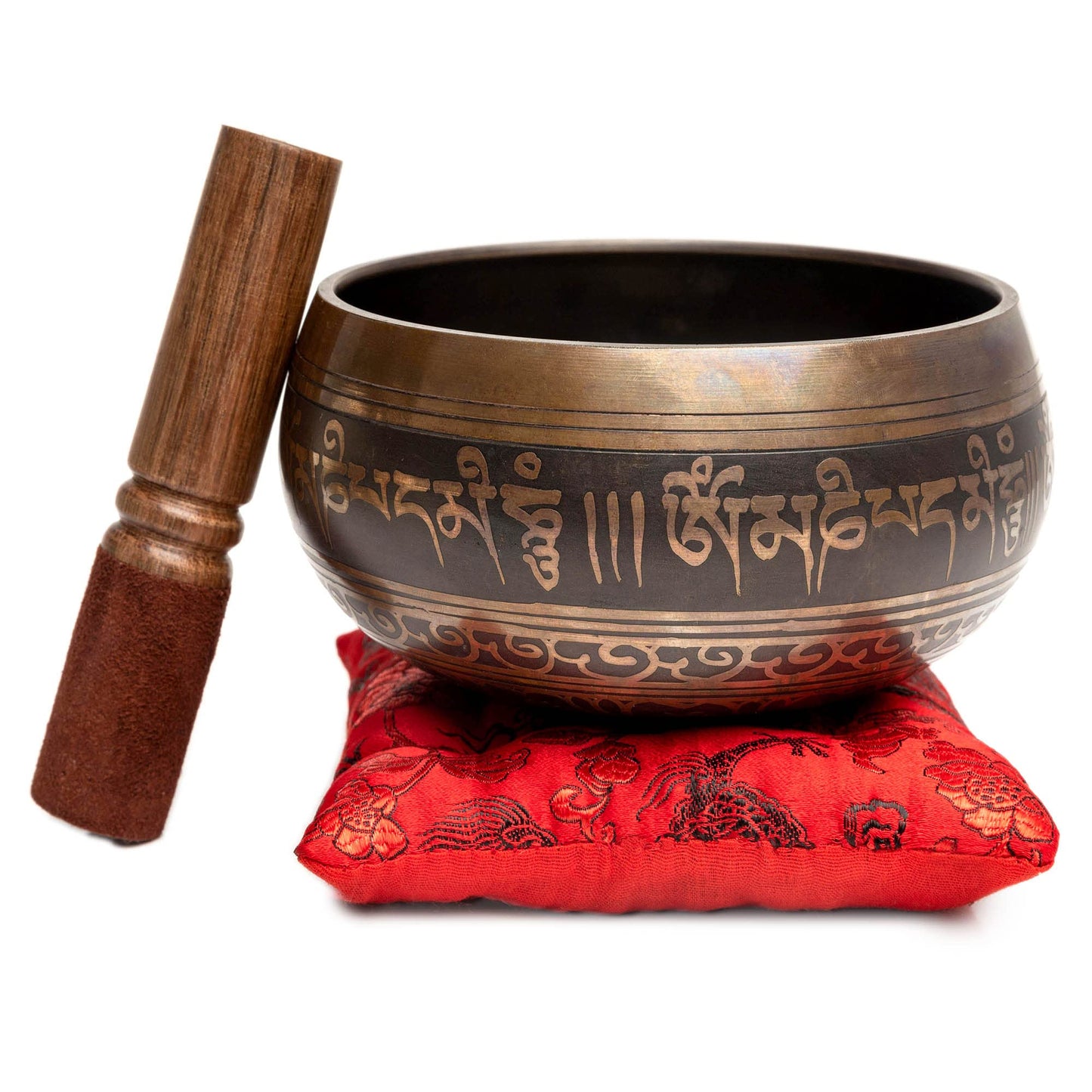 Tibetan Singing Bowl Set Authentic – Handmade in Nepal Sound & Meditation Bowl – Spiritual Decor for Yoga, Wellness Spaces & Relaxation by Himalayan Bazaar (Brown & Red)