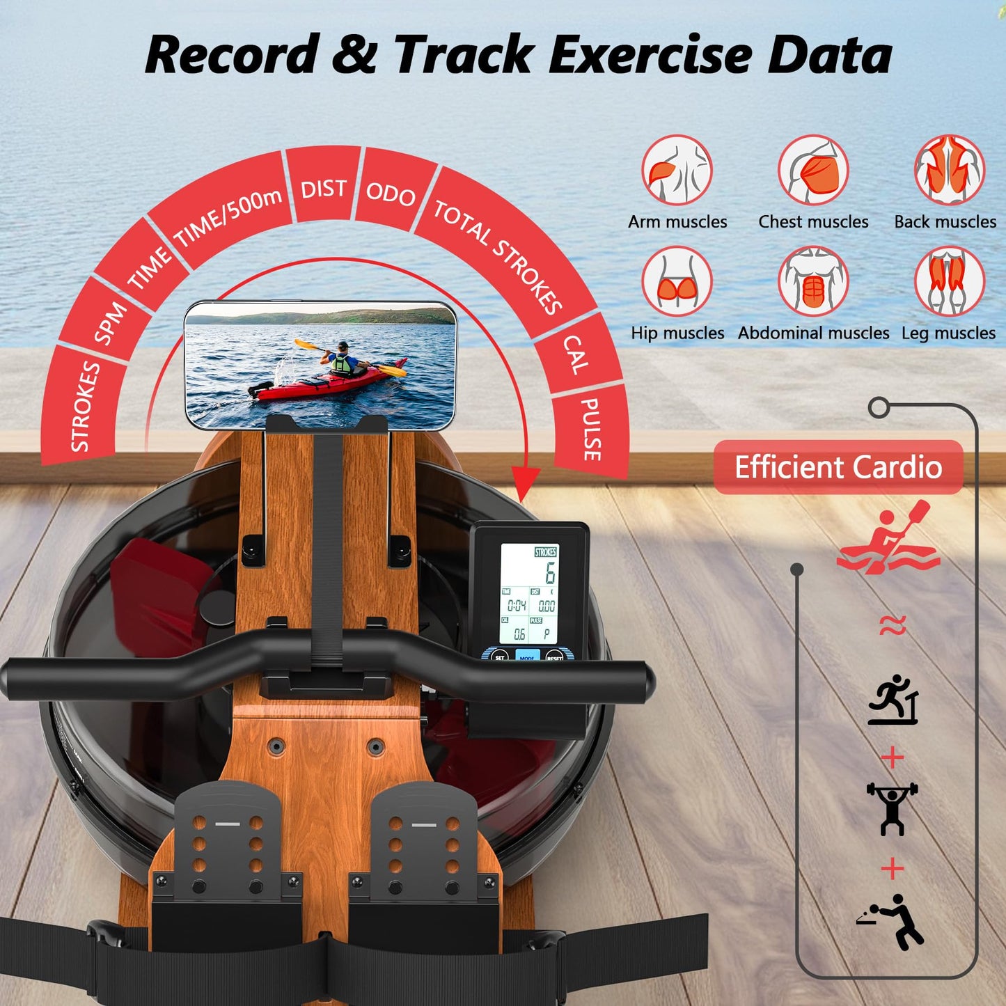 Water Rowing Machine for Home Use, WENOKER Wooden Foldable Rower Machine with Dedicated Monitor & Bluetooth APP, Large Water Tank & Comfortable Seat for Immersive Water Rower, 350LBS Weight Capacity