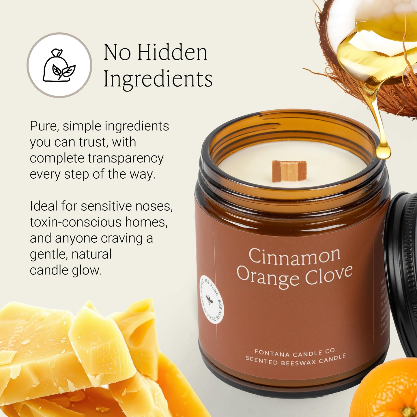 Fontana Candle Co Wood Wick Beeswax Jar Candle, Cinnamon Orange Clove - Made with Coconut Oil & Pure Essential Oils – Clean Burn, Long Lasting and Non-Toxic Candles for Home & Room Decor