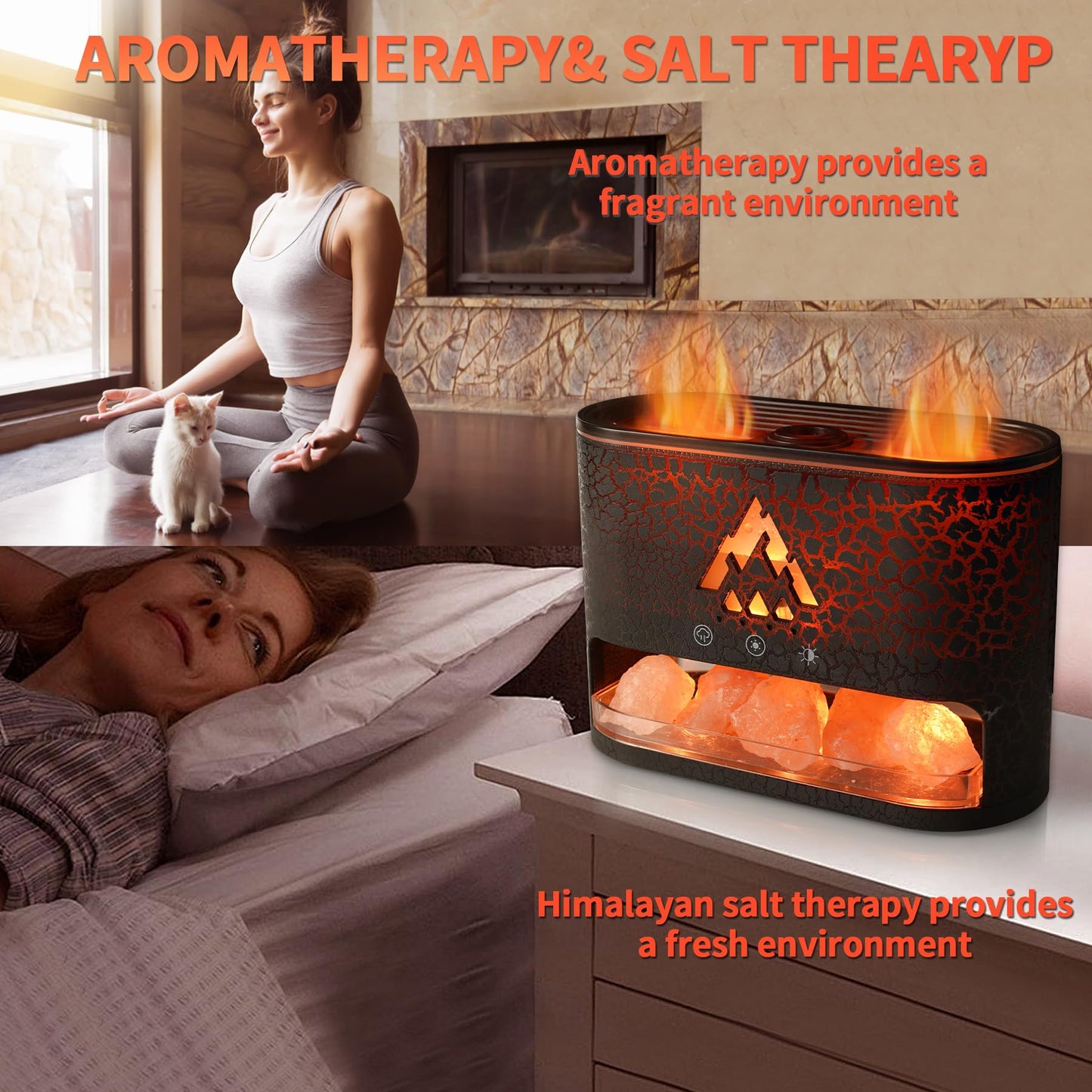 BOHOFAM Himalayan Salt Aroma Diffuser & Air Humidifier with 2 Flame/Jellyfish Mist Modes,Essential Oil Diffuser wih 6 Lights Change for Home, 4 Essential Oils-Mysterious, Relaxation, Sweet, Happy