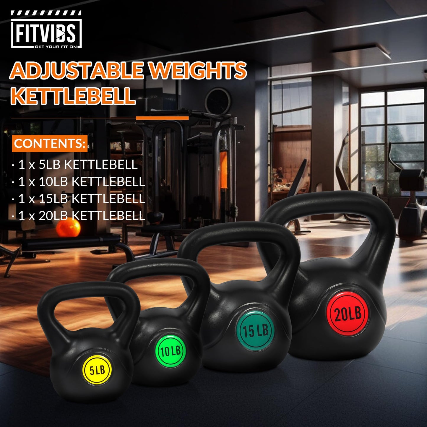 Fitvids Wide Grip 3-Piece or 4-Piece Kettlebell Exercise Fitness Weight Set, Include 5 lbs, 10 lbs, 15 lbs and 20 lbs, Set of 3 or Set of 4