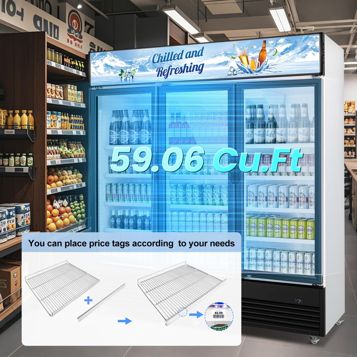 Tylza Commercial Refrigerator, Three Glass Door Display Beverage Fridge, 59.06 Cu Ft Upright Beverage Cooler Merchandiser with Replaceable Advertising Light Board, Rebound Door, Fast Cooling