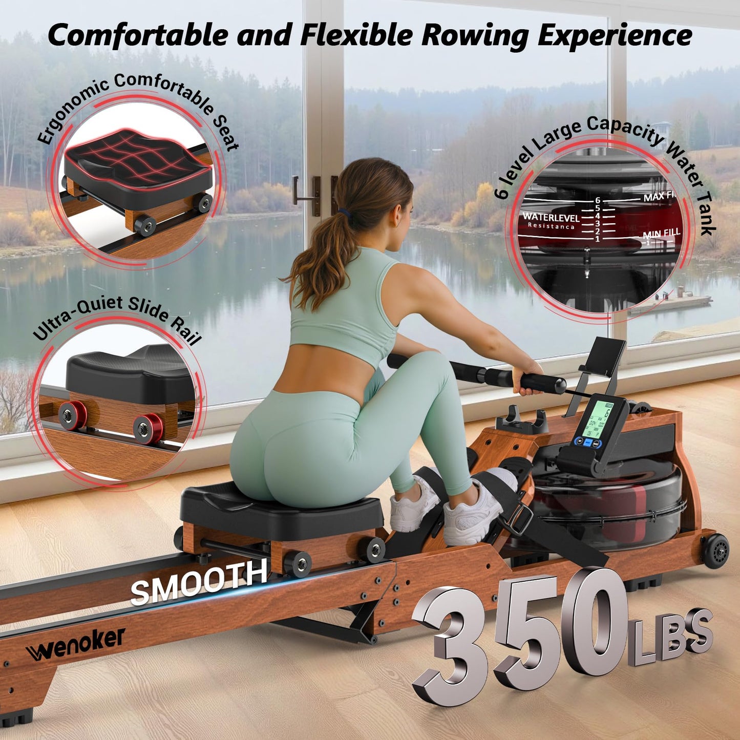 Water Rowing Machine for Home Use, WENOKER Wooden Foldable Rower Machine with Dedicated Monitor & Bluetooth APP, Large Water Tank & Comfortable Seat for Immersive Water Rower, 350LBS Weight Capacity