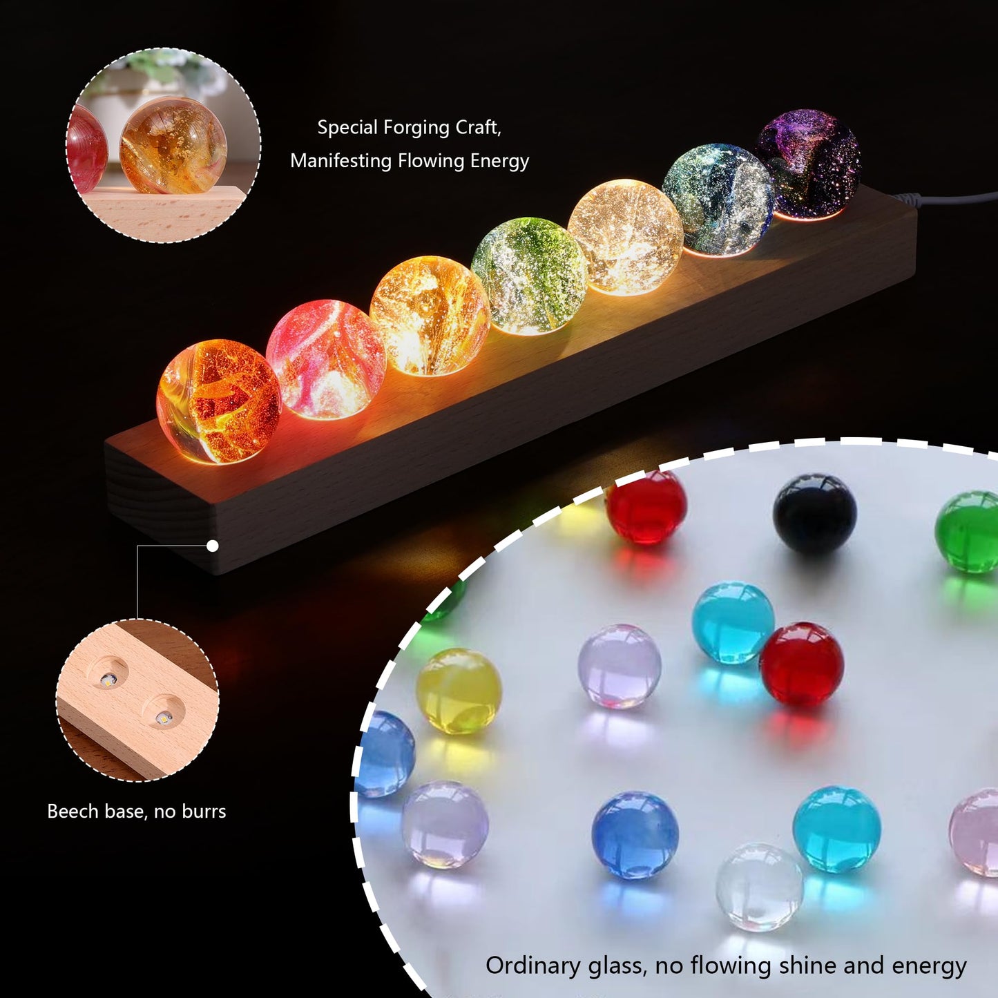 7 Chakra Healing Crystals with LED Wooden Stand – 40mm Natural Gemstone Spheres for Meditation, Reiki, Energy Balance, Night Light & Spiritual Gift for Women Home Decor
